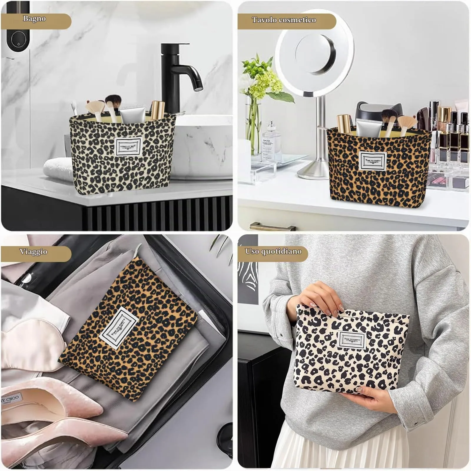 Aucuu Beauty Case da Viaggio, Set di 2 Borse per Cosmetici e Trucchi, Stampa Leopardata - immagine 5