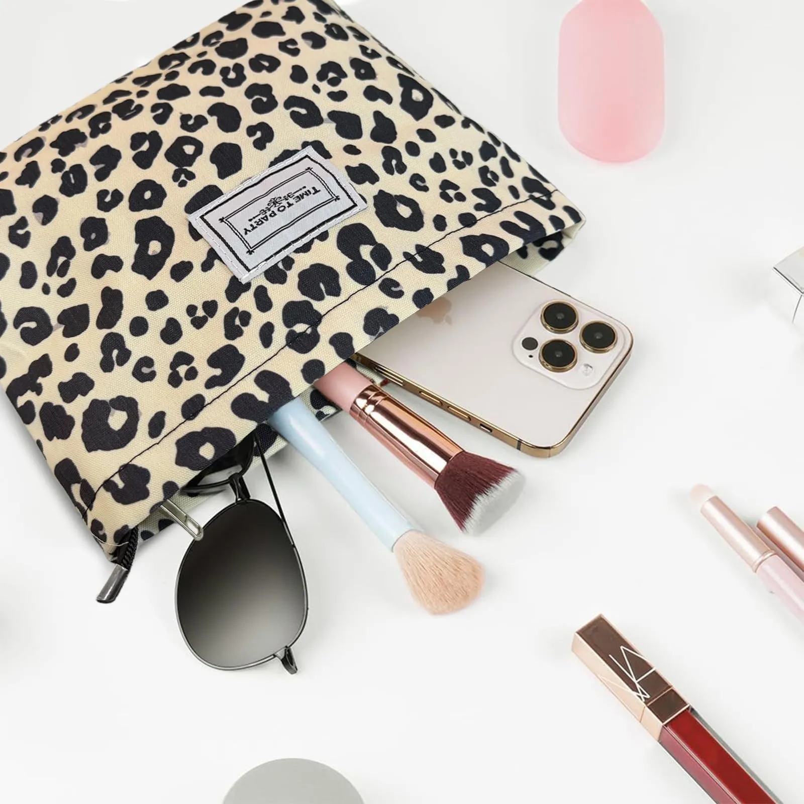 Aucuu Beauty Case da Viaggio, Set da 2 Pezzi Borsa per Cosmetici e Trucchi, Stampa Leopardata - immagine 6