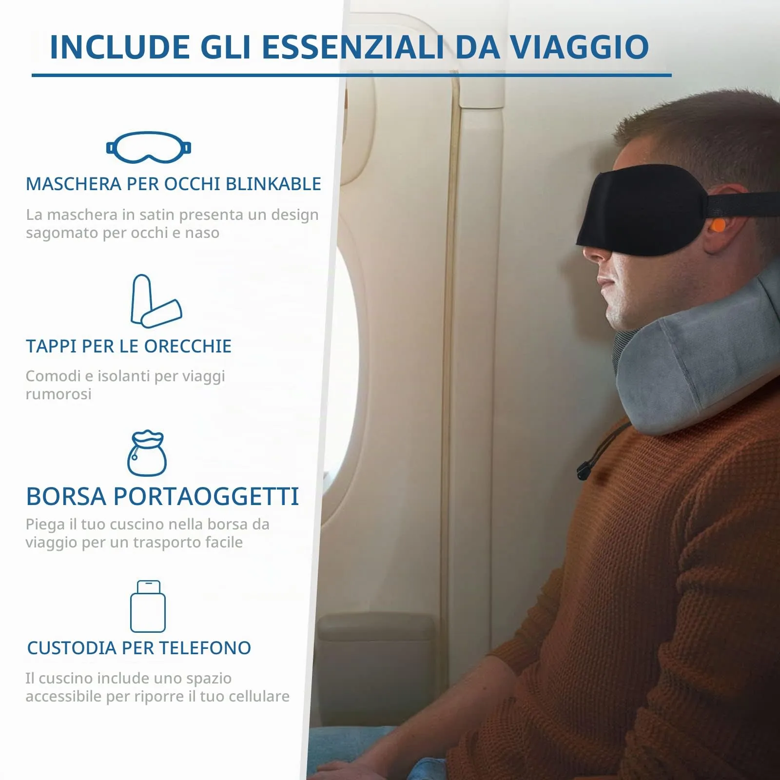 SOMLAW Cuscino da Viaggio in Memory Foam per Collo, Set con Maschera per Dormire, Tappi Auricolari e Borsa per Trasporto - immagine 2