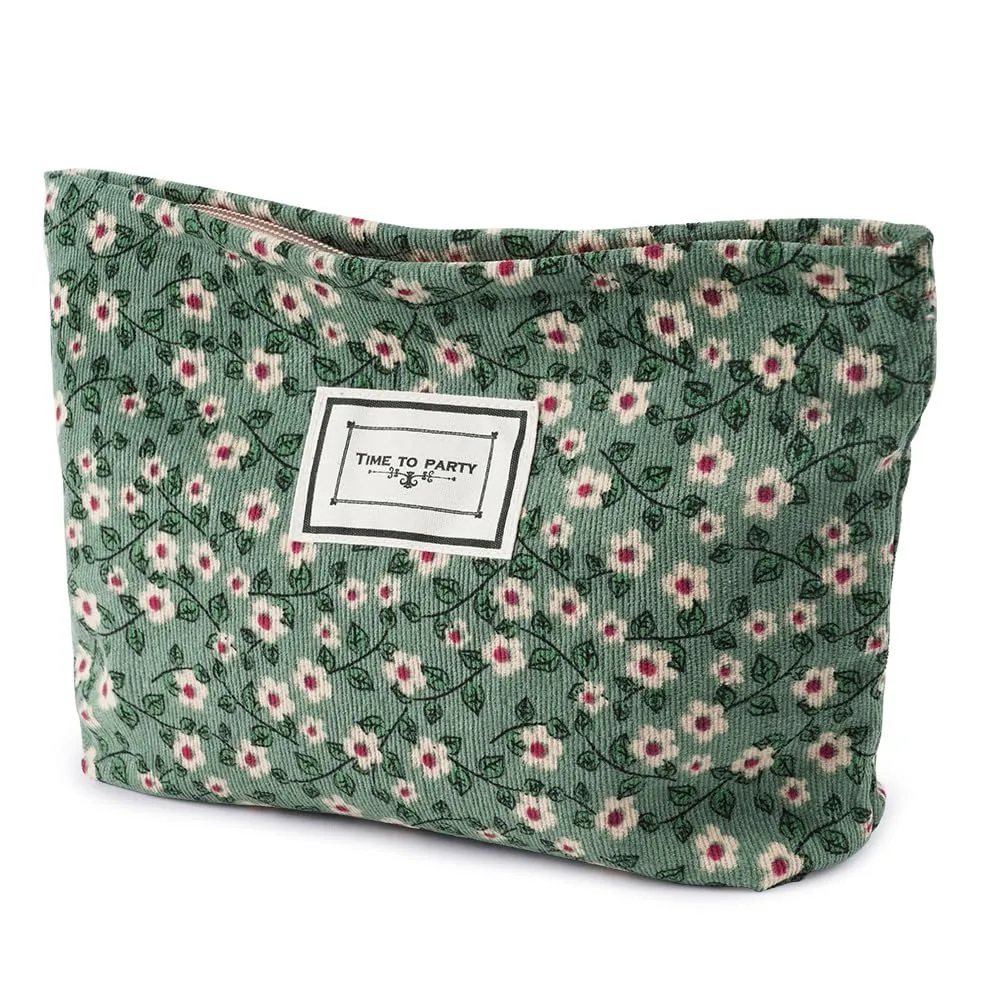 Aucuu Beauty Case da Viaggio in Velluto a Coste con Motivo Floreale per Cosmetici e Trucchi - immagine 1
