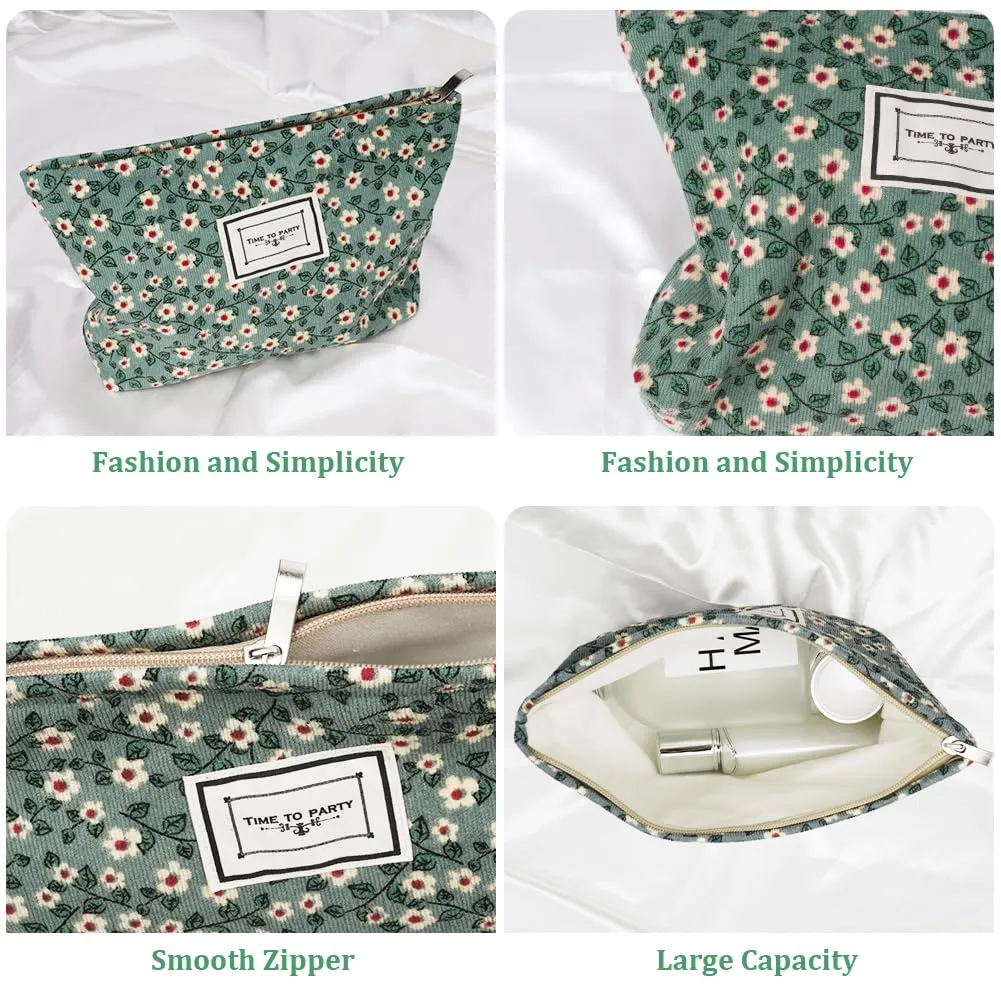Aucuu Beauty Case da Viaggio in Velluto a Coste con Motivo Floreale per Cosmetici e Trucchi - immagine 3