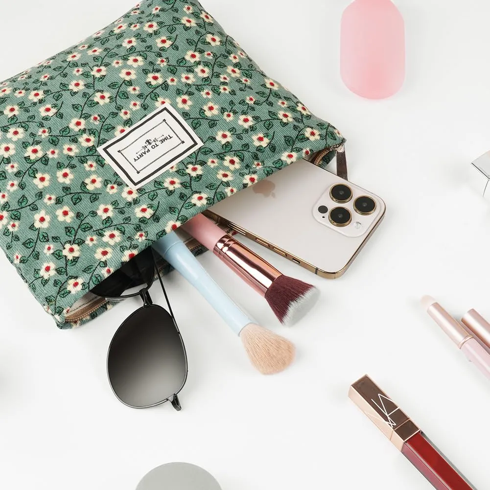 Aucuu Beauty Case da Viaggio in Velluto a Coste con Motivo Floreale per Cosmetici e Trucchi - immagine 5