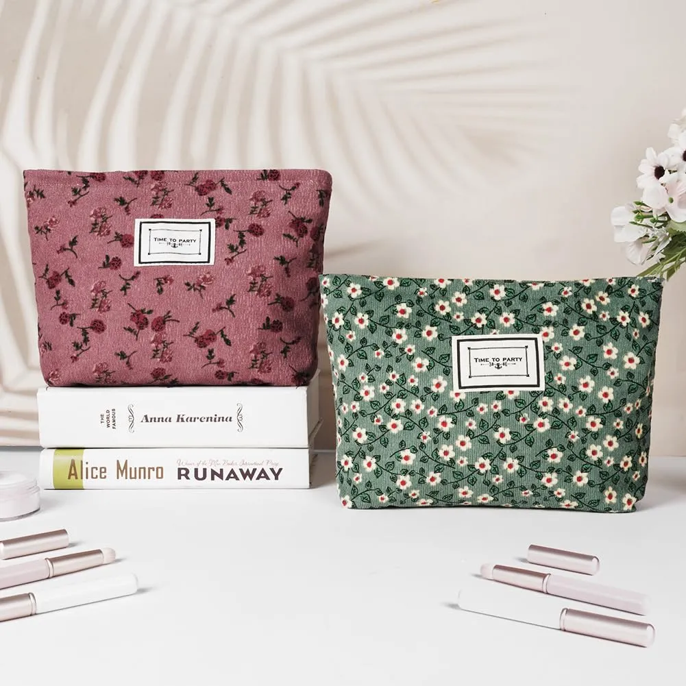 Aucuu Beauty Case da Viaggio in Velluto a Coste con Motivo Floreale per Cosmetici e Trucchi - immagine 7