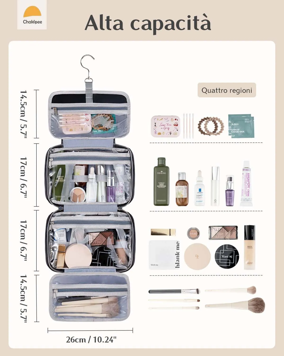 Chakipee Beauty Case da Viaggio Donna, Organizer Trucchi Impermeabile con Finestra Trasparente, Nero, Media - immagine 3