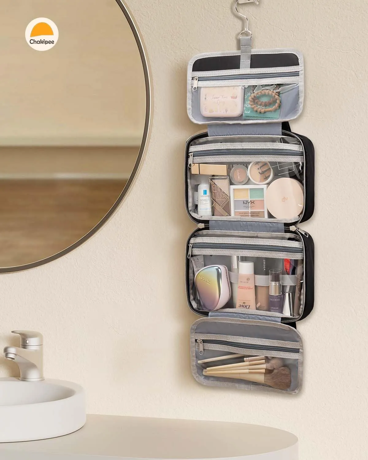 Chakipee Beauty Case da Viaggio Donna, Organizer Trucchi Impermeabile con Finestra Trasparente, Nero, Media - immagine 7