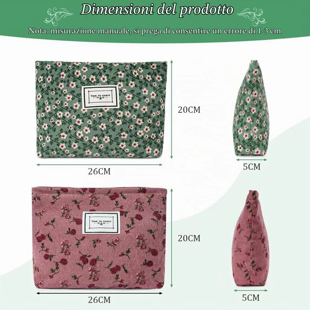 Aucuu Beauty Case da Viaggio, 2 Pezzi Borsa per Cosmetici e Trucchi in Velluto a Coste, Motivo Floreale - immagine 2