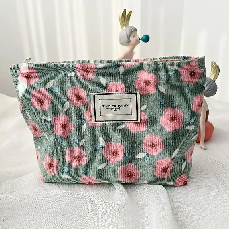 Aucuu Beauty Case da Viaggio, 2 Pezzi Borsa per Cosmetici e Trucchi in Velluto a Coste, Motivo Floreale - immagine 5