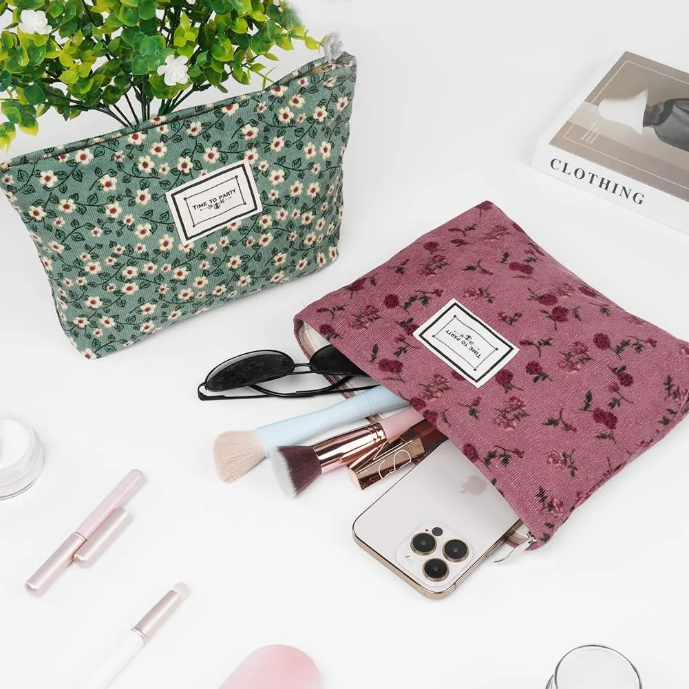 Aucuu Beauty Case da Viaggio, 2 Pezzi Borsa per Cosmetici e Trucchi in Velluto a Coste, Motivo Floreale - immagine 6