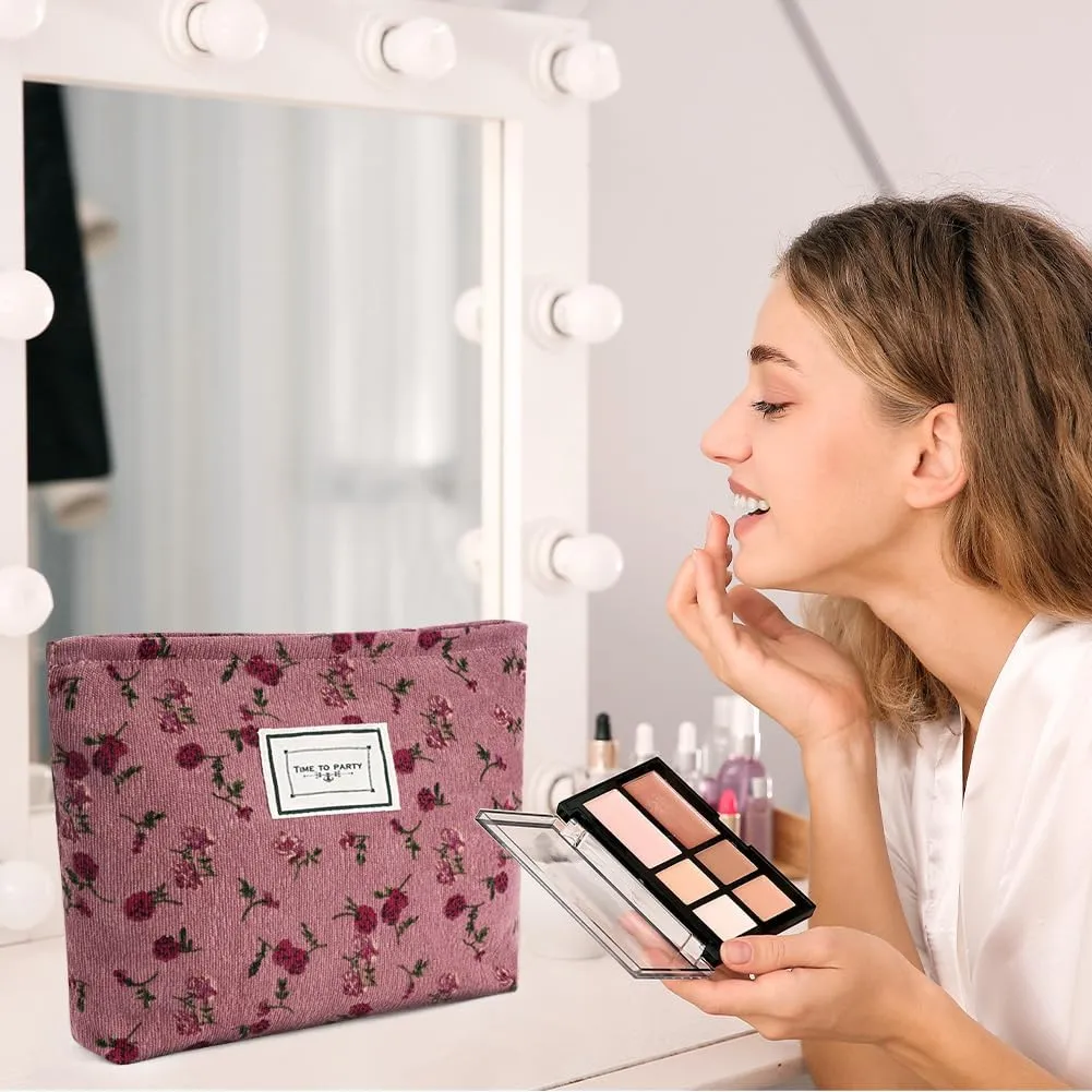 Aucuu Beauty Case da Viaggio, 2 Pezzi Borsa per Cosmetici e Trucchi in Velluto a Coste, Motivo Floreale - immagine 8
