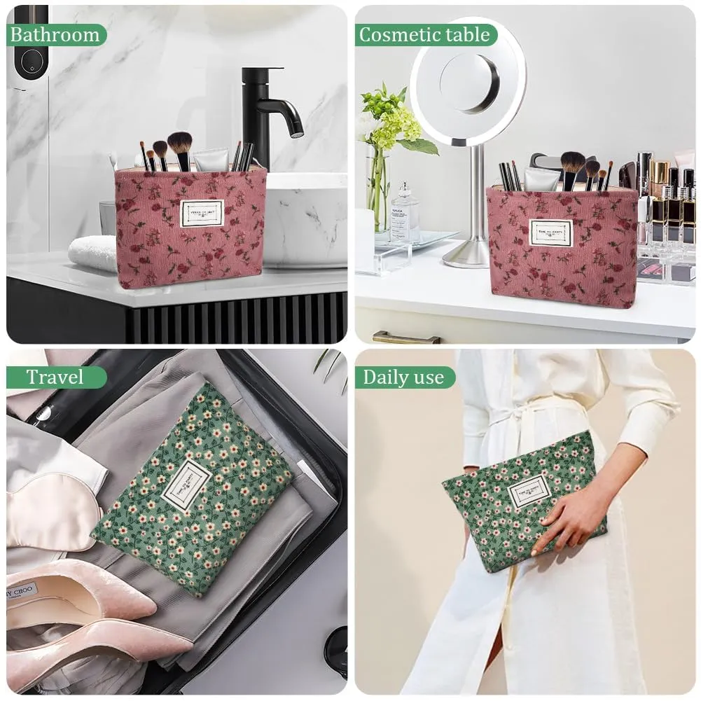 Aucuu Beauty Case da Viaggio, 2 Pezzi Borsa per Cosmetici e Trucchi in Velluto a Coste, Motivo Floreale - immagine 9