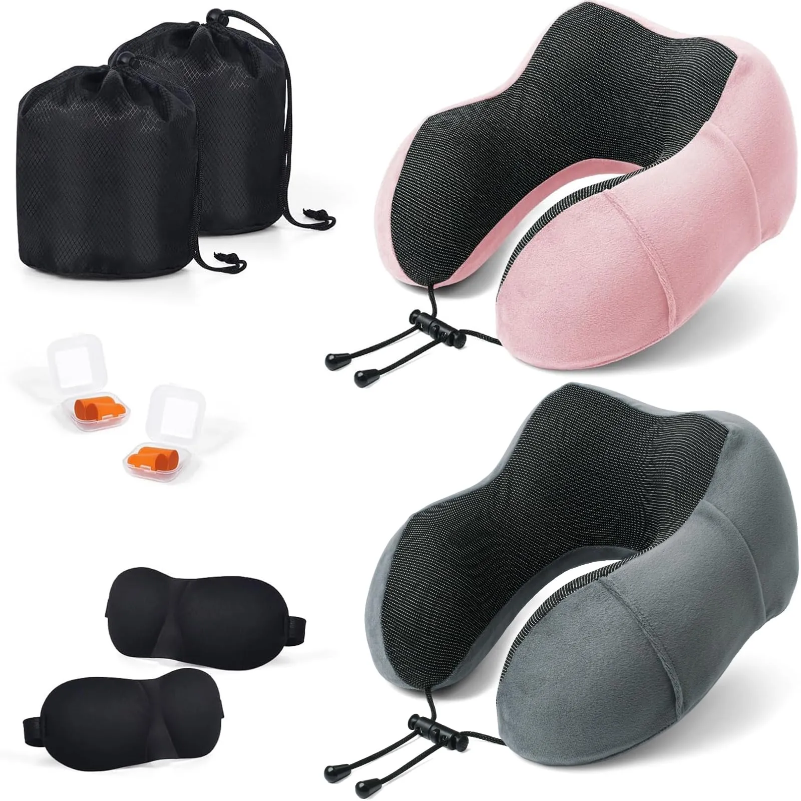 SOMLAW Set di 2 Cuscini da Viaggio per Collo in Memory Foam, Regolabili e Compatti, con Maschera per Dormire, Tappi Auricolari e Borsa per Trasporto - immagine 1