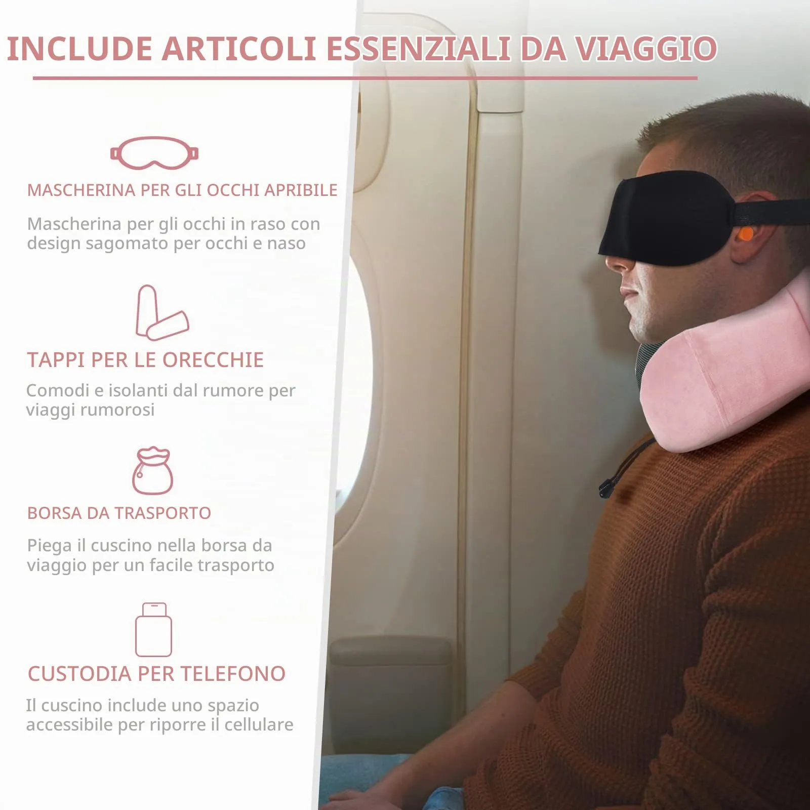 SOMLAW Set di 2 Cuscini da Viaggio per Collo in Memory Foam, Regolabili e Compatti, con Maschera per Dormire, Tappi Auricolari e Borsa per Trasporto - immagine 2