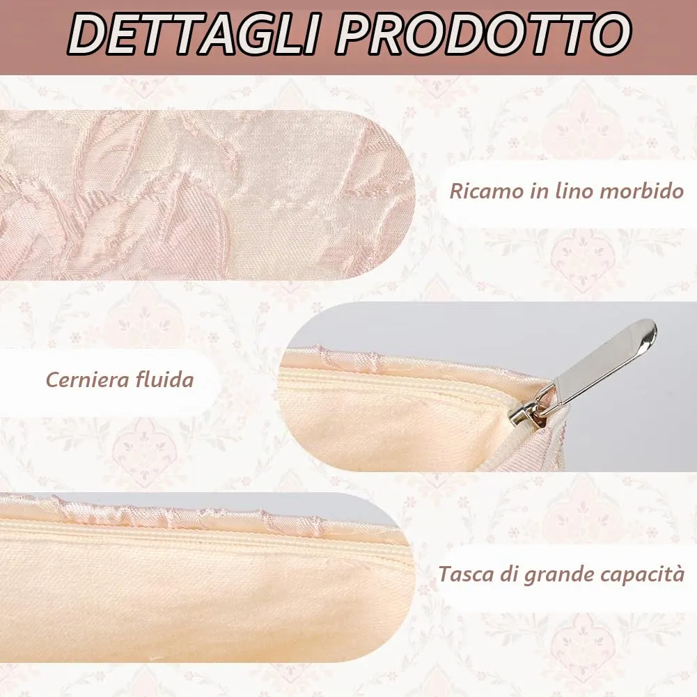 Aucuu Set di 2 Trousse Cosmetiche Ricamate Floreali, Borsa da Viaggio Multifunzionale per Trucco, 26x18cm e 17x14cm - immagine 3