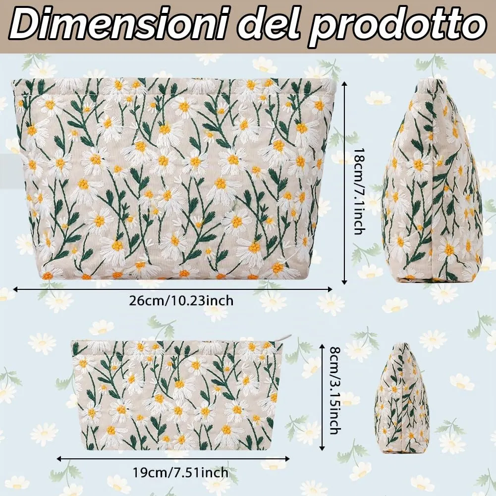 Aucuu Set di 2 Borse Cosmetiche Ricamate Floreali, Pochette Trucchi da Viaggio (26x18cm e 19x18cm) - immagine 2