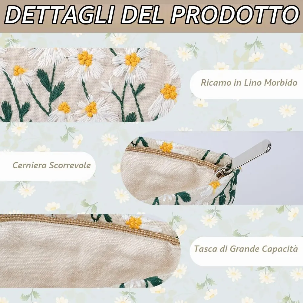 Aucuu Set di 2 Borse Cosmetiche Ricamate Floreali, Pochette Trucchi da Viaggio (26x18cm e 19x18cm) - immagine 3