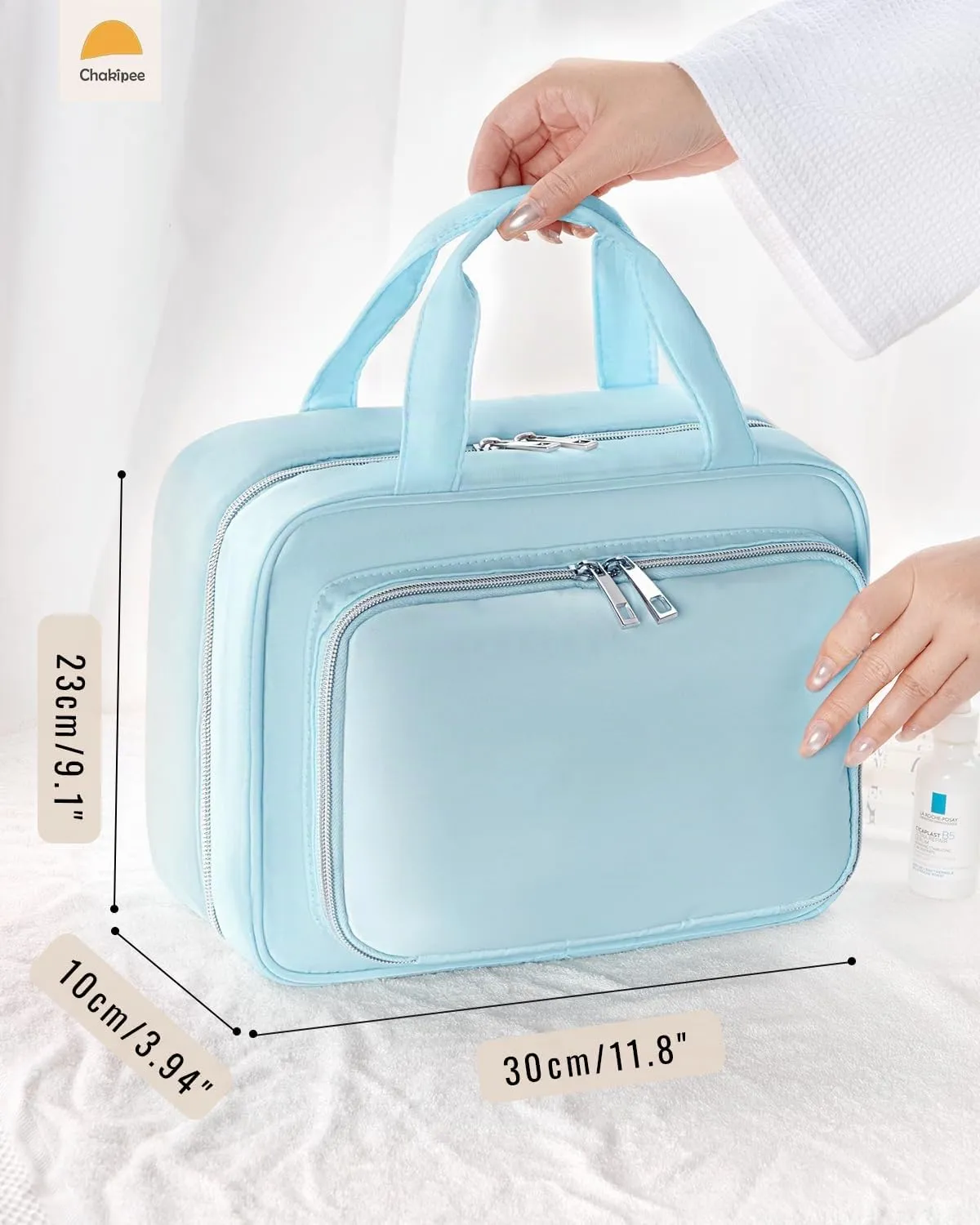 Chakipee Beauty Case da Viaggio Donna, Organizer Trucchi Impermeabile con Finestra Trasparente e Gancio, Blu, Grande - immagine 2