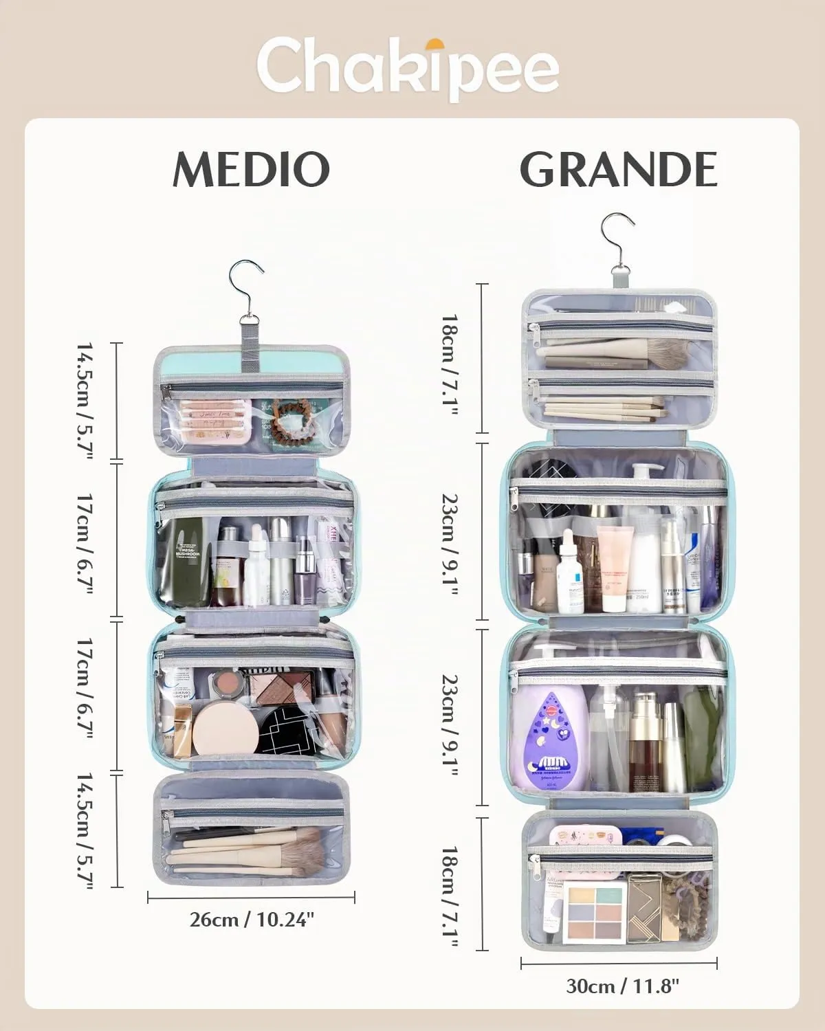 Chakipee Beauty Case da Viaggio Donna, Organizer Trucchi Impermeabile con Finestra Trasparente e Gancio, Blu, Grande - immagine 3