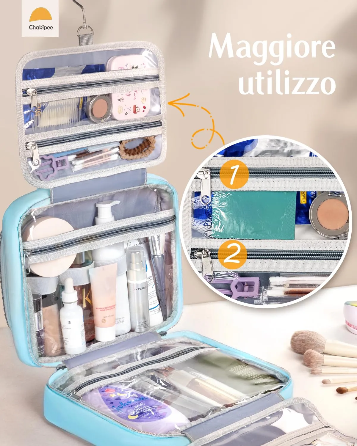 Chakipee Beauty Case da Viaggio Donna, Organizer Trucchi Impermeabile con Finestra Trasparente e Gancio, Blu, Grande - immagine 4
