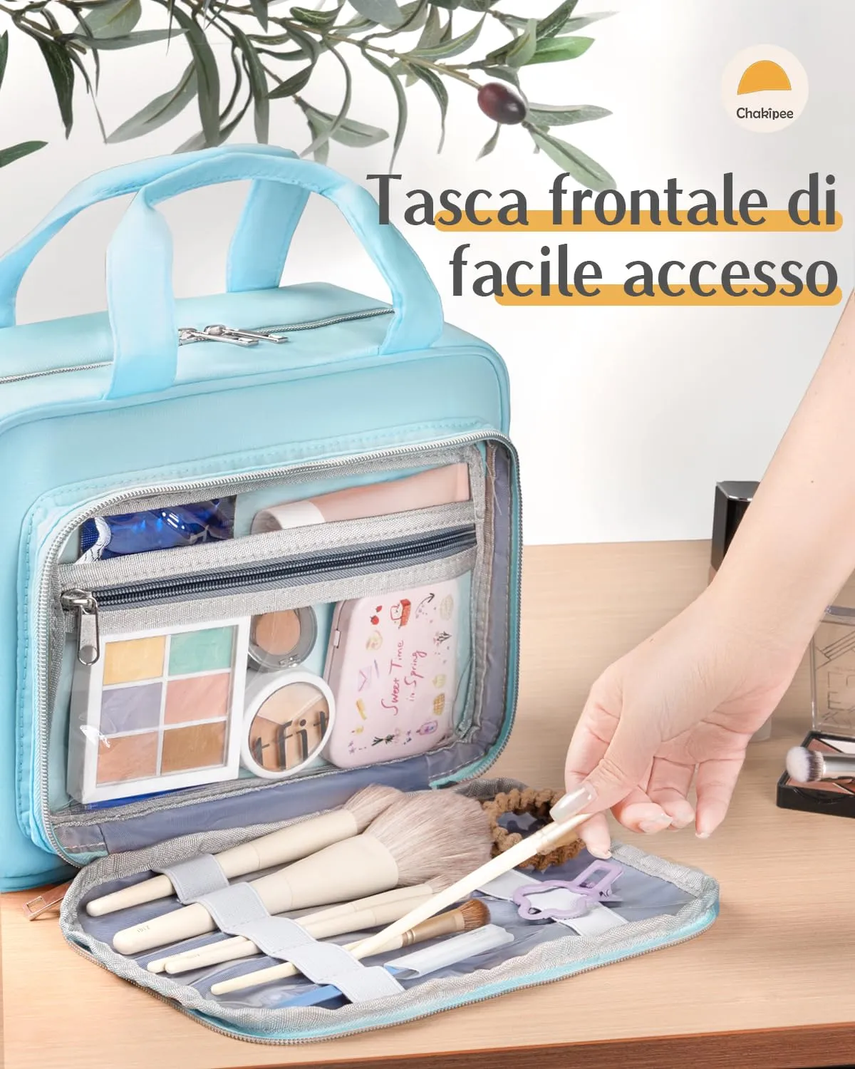 Chakipee Beauty Case da Viaggio Donna, Organizer Trucchi Impermeabile con Finestra Trasparente e Gancio, Blu, Grande - immagine 5