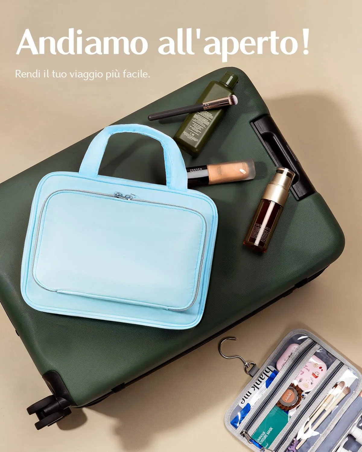 Chakipee Beauty Case da Viaggio Donna, Organizer Trucchi Impermeabile con Finestra Trasparente e Gancio, Blu, Grande - immagine 7