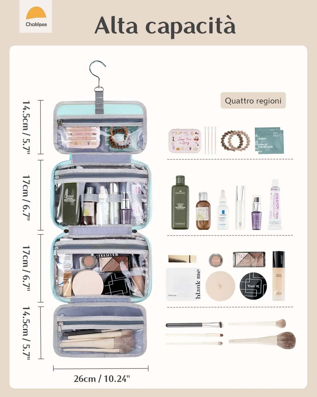 Chakipee Beauty Case da Viaggio Donna, Organizer Trucchi Impermeabile con Finestra Trasparente, Blu, Media - immagine 3