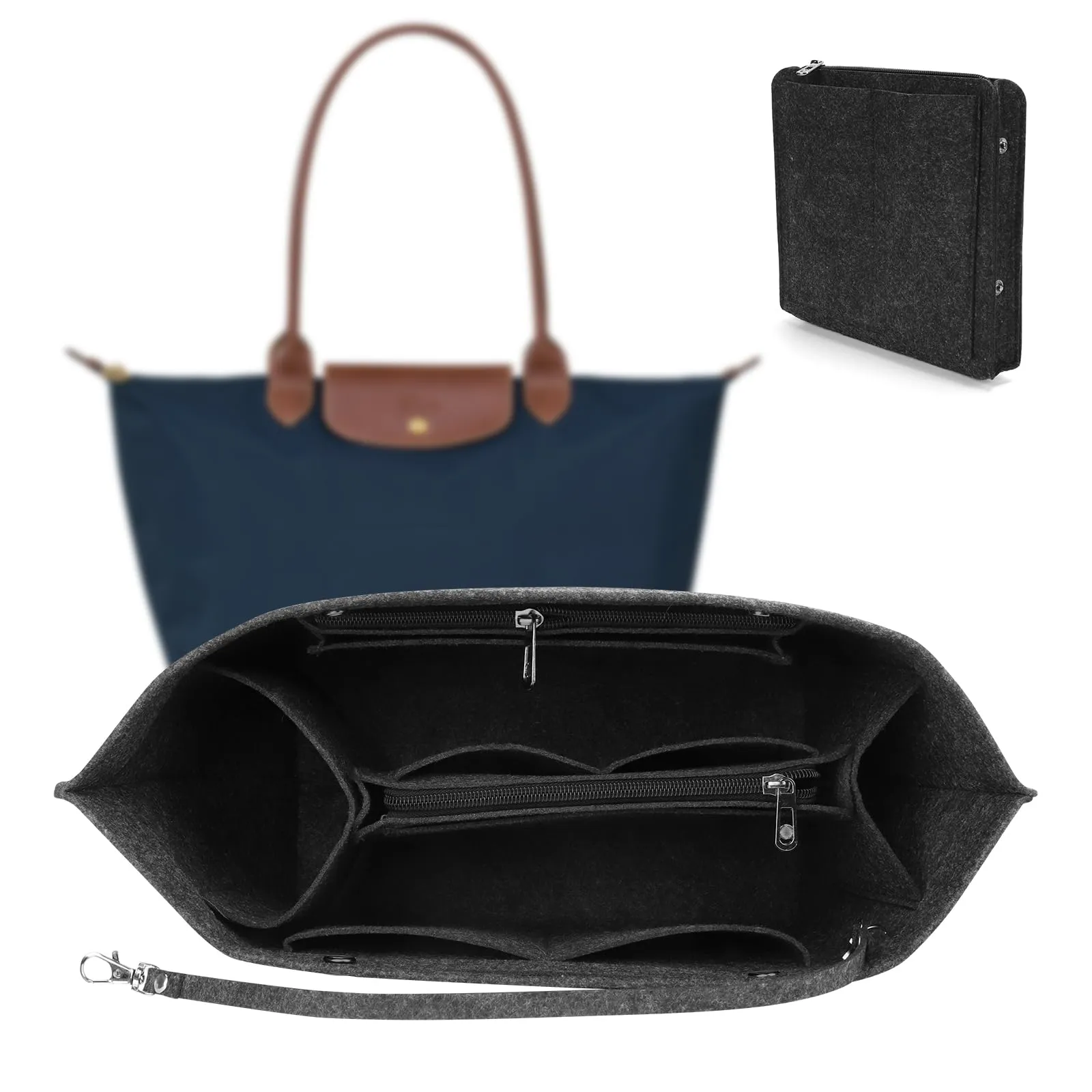 ZOLGINAH Organizer in Feltro per Borsa Longchamp Le Pliage, con Scomparto Estraibile e Portachiavi, Grigio Scuro, M - immagine 1