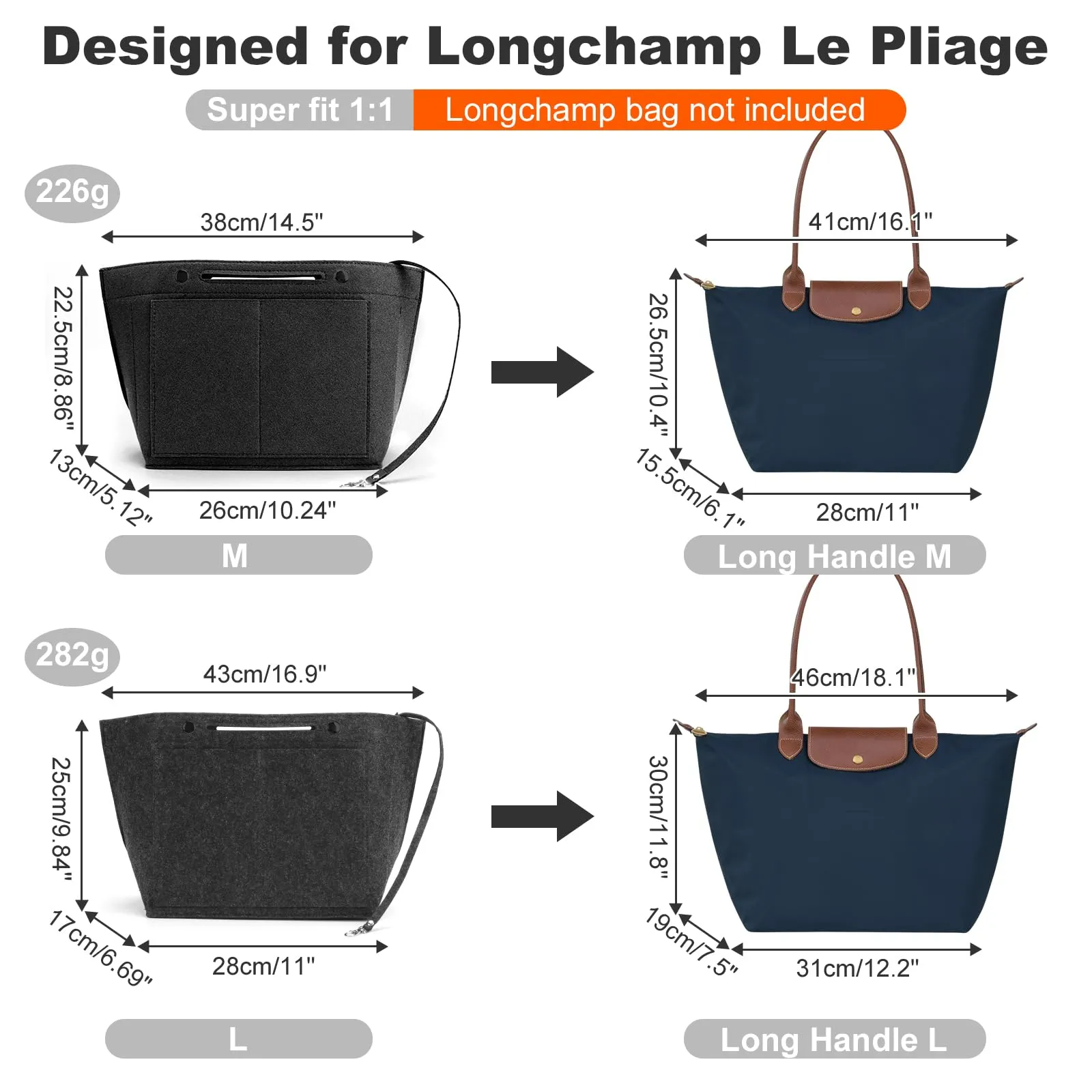 ZOLGINAH Organizer in Feltro per Borsa Longchamp Le Pliage, con Scomparto Estraibile e Portachiavi, Grigio Scuro, M - immagine 2