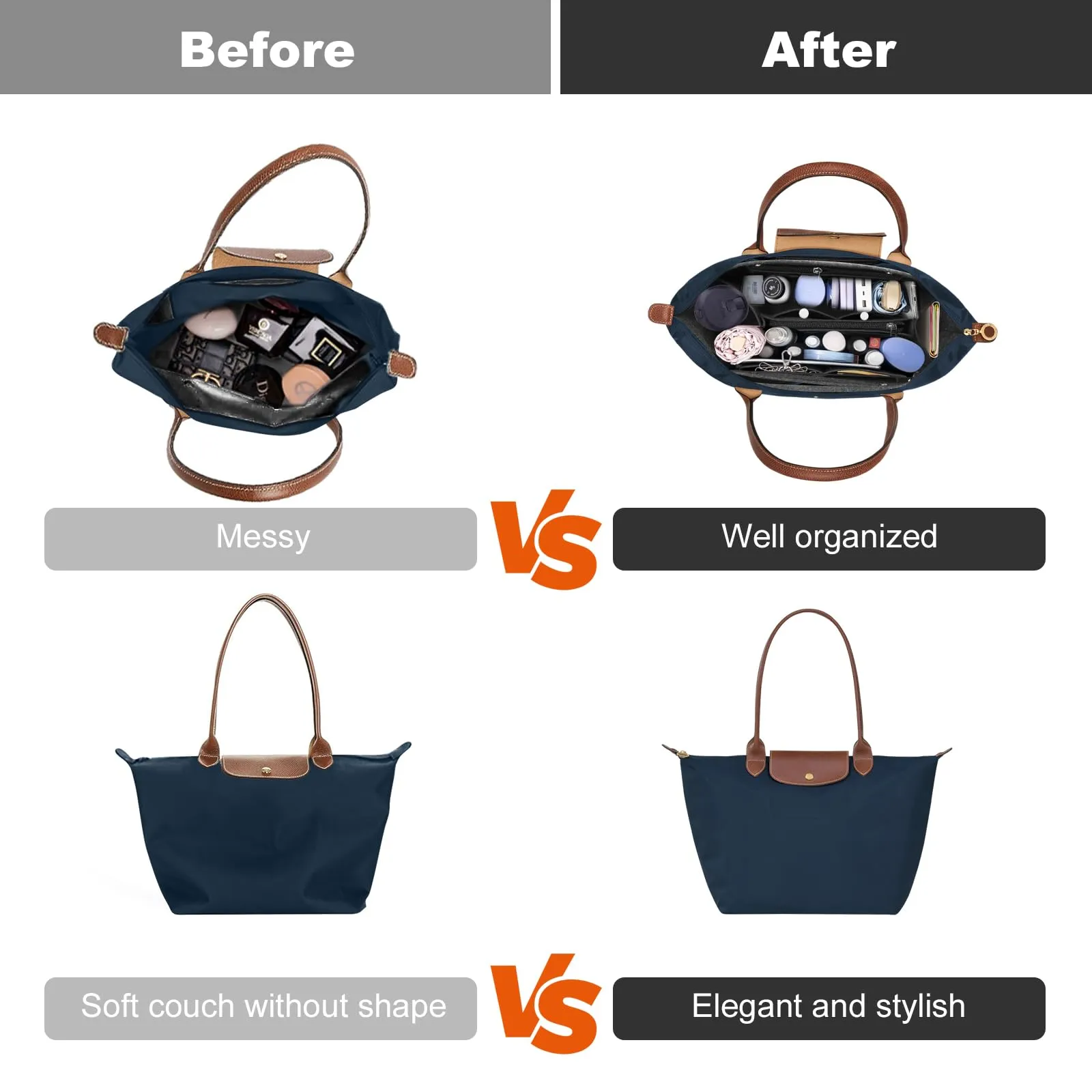 ZOLGINAH Organizer in Feltro per Borsa Longchamp Le Pliage, con Scomparto Estraibile e Portachiavi, Grigio Scuro, M - immagine 6