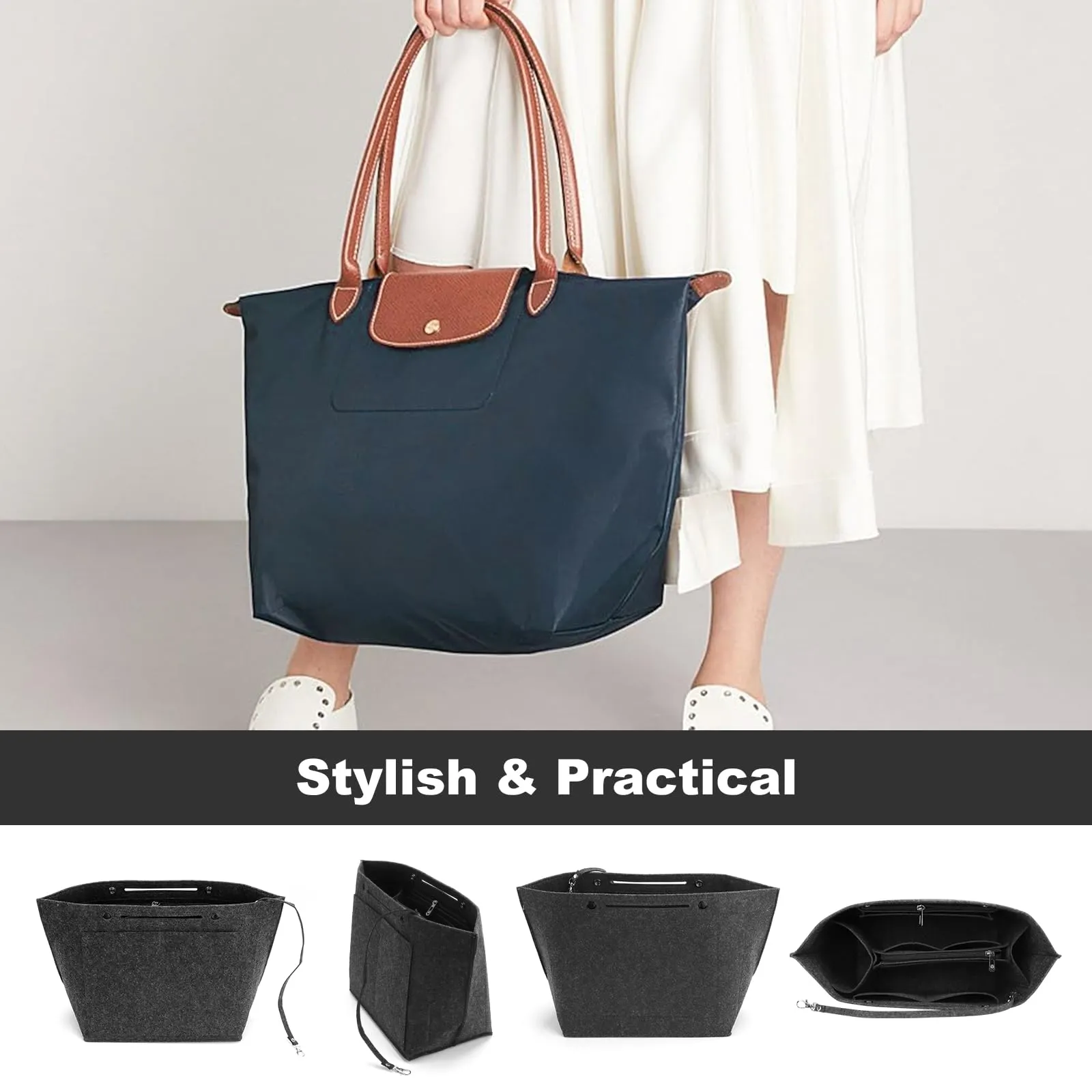 ZOLGINAH Organizer in Feltro per Borsa Longchamp Le Pliage, con Scomparto Estraibile e Portachiavi, Grigio Scuro, M - immagine 7