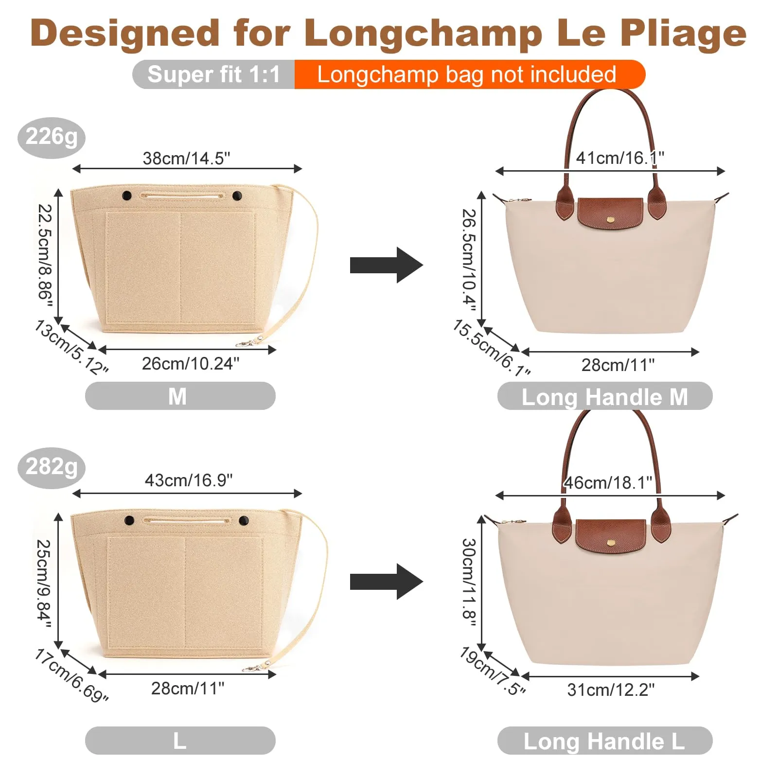 ZOLGINAH Organizer in Feltro per Borsa Longchamp Le Pliage con Scomparto Estraibile e Portachiavi, Beige, M - immagine 2