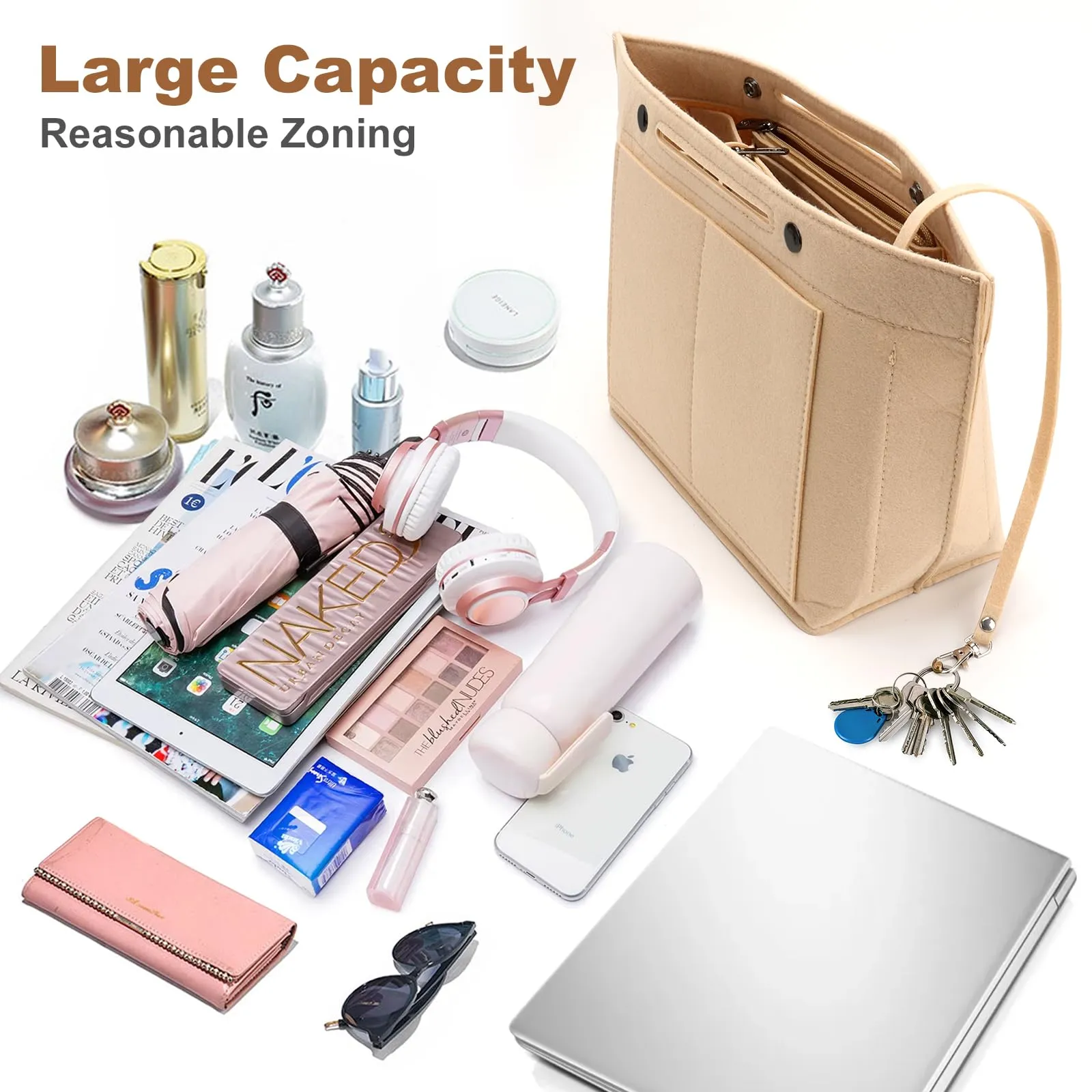 ZOLGINAH Organizer in Feltro per Borsa Longchamp Le Pliage con Scomparto Estraibile e Portachiavi, Beige, M - immagine 3