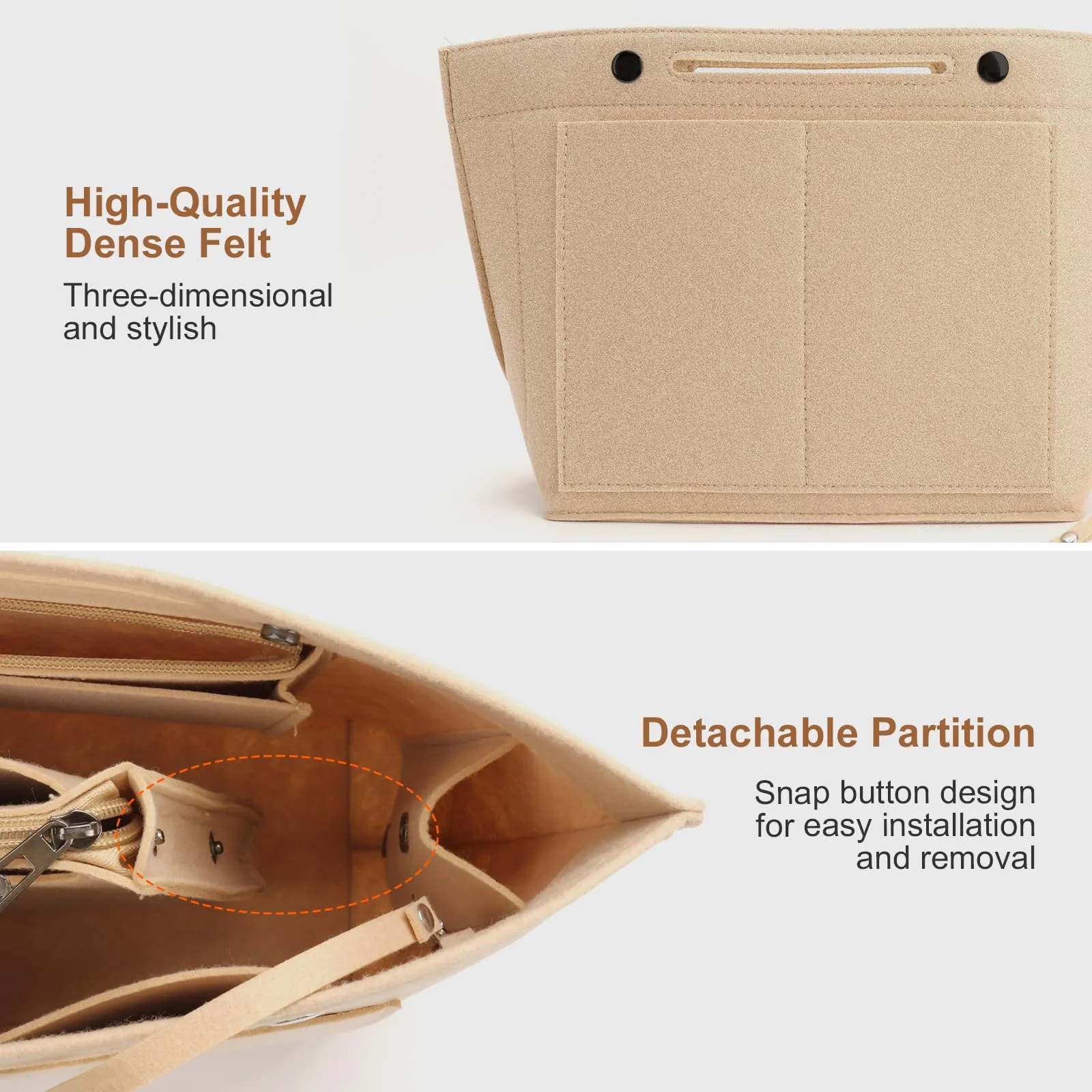 ZOLGINAH Organizer in Feltro per Borsa Longchamp Le Pliage con Scomparto Estraibile e Portachiavi, Beige, M - immagine 4