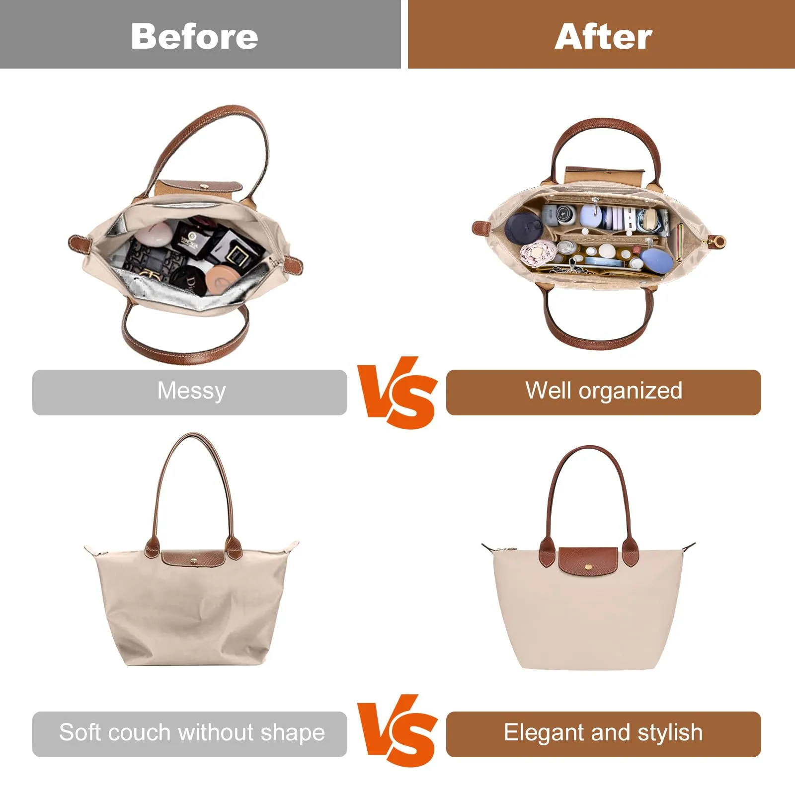 ZOLGINAH Organizer in Feltro per Borsa Longchamp Le Pliage con Scomparto Estraibile e Portachiavi, Beige, M - immagine 6