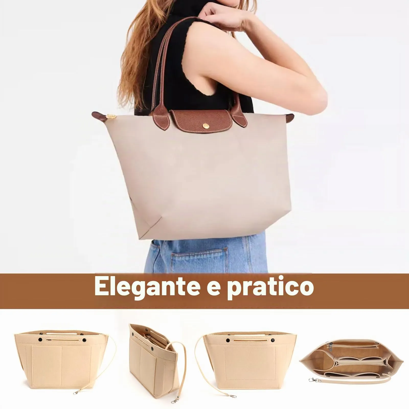 ZOLGINAH Organizer in Feltro per Borsa Longchamp Le Pliage con Scomparto Estraibile e Portachiavi, Beige, M - immagine 7