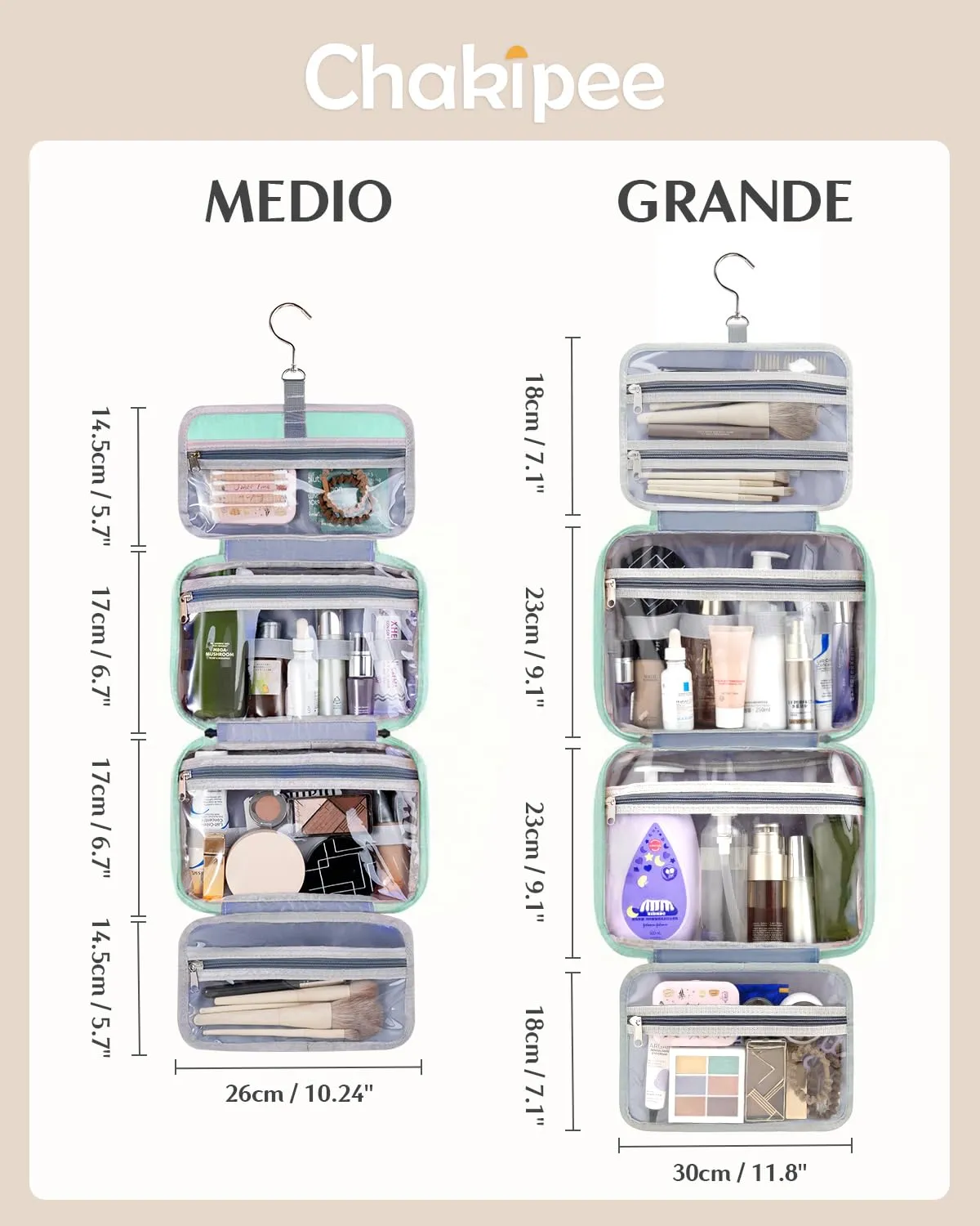 Chakipee Beauty Case da Viaggio da Appendere, Organizer Trucchi Impermeabile con Finestra Trasparente, Verde, Grande - immagine 3