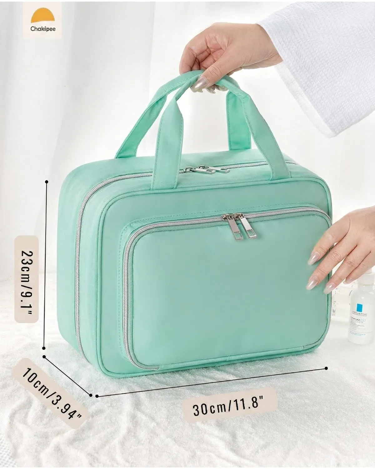 Chakipee Beauty Case da Viaggio da Appendere, Organizer Trucchi Impermeabile con Finestra Trasparente, Verde, Grande - immagine 4