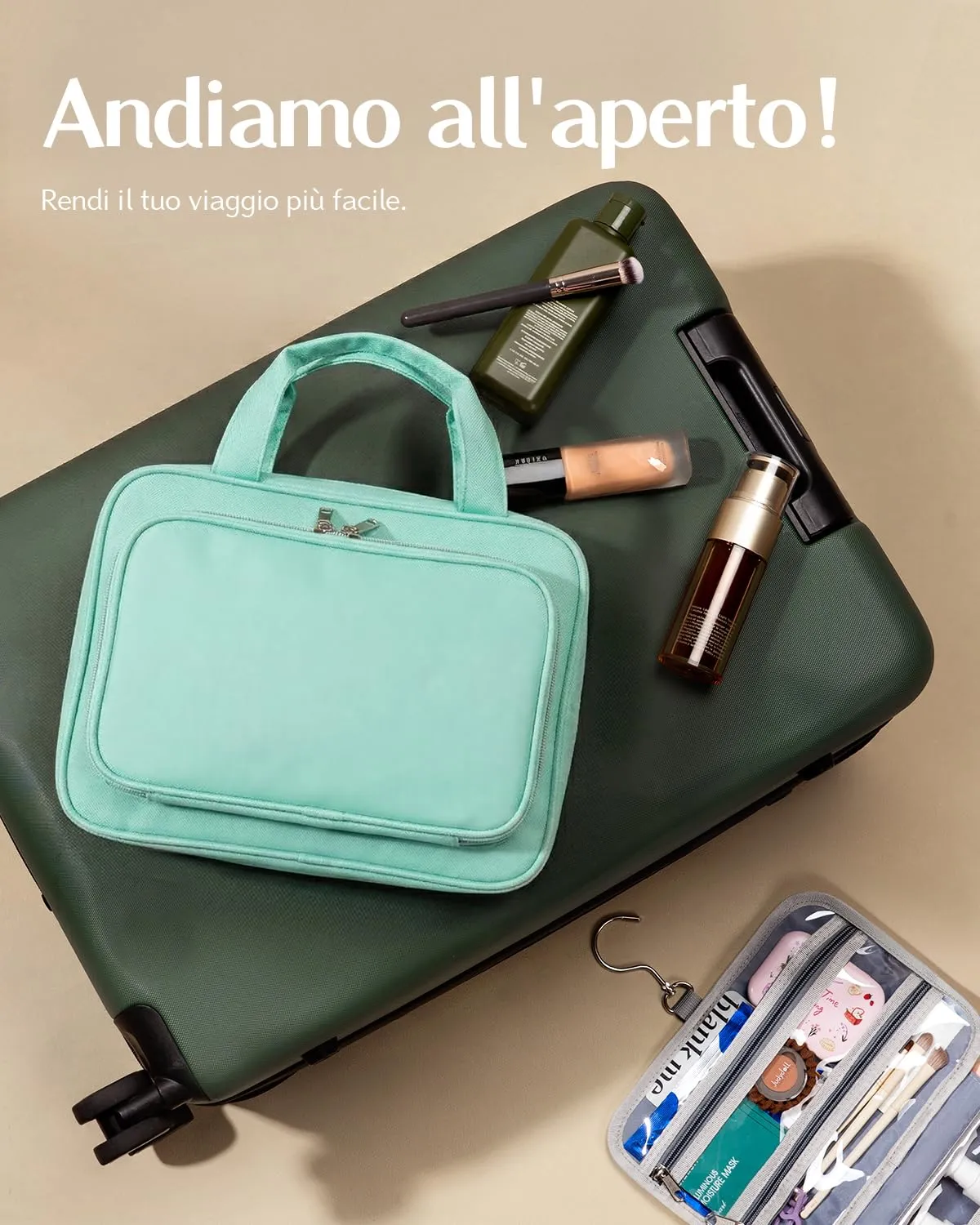 Chakipee Beauty Case da Viaggio da Appendere, Organizer Trucchi Impermeabile con Finestra Trasparente, Verde, Grande - immagine 5