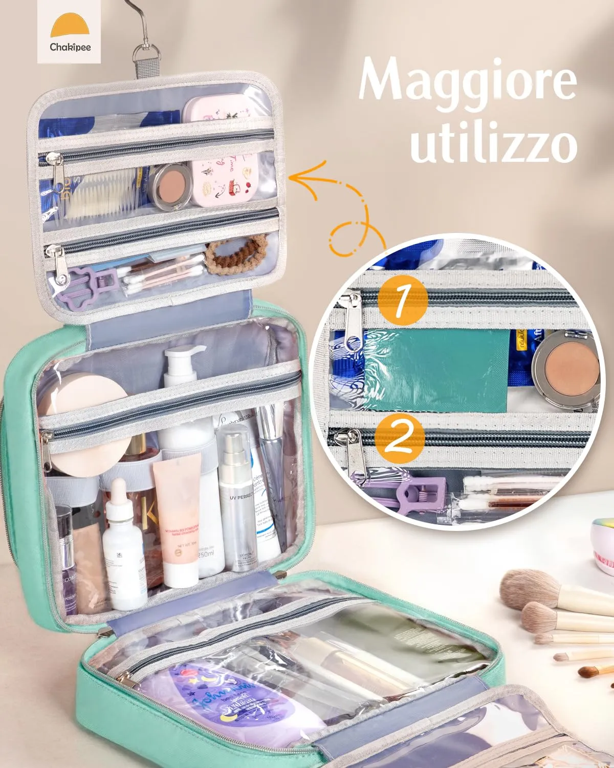 Chakipee Beauty Case da Viaggio da Appendere, Organizer Trucchi Impermeabile con Finestra Trasparente, Verde, Grande - immagine 6