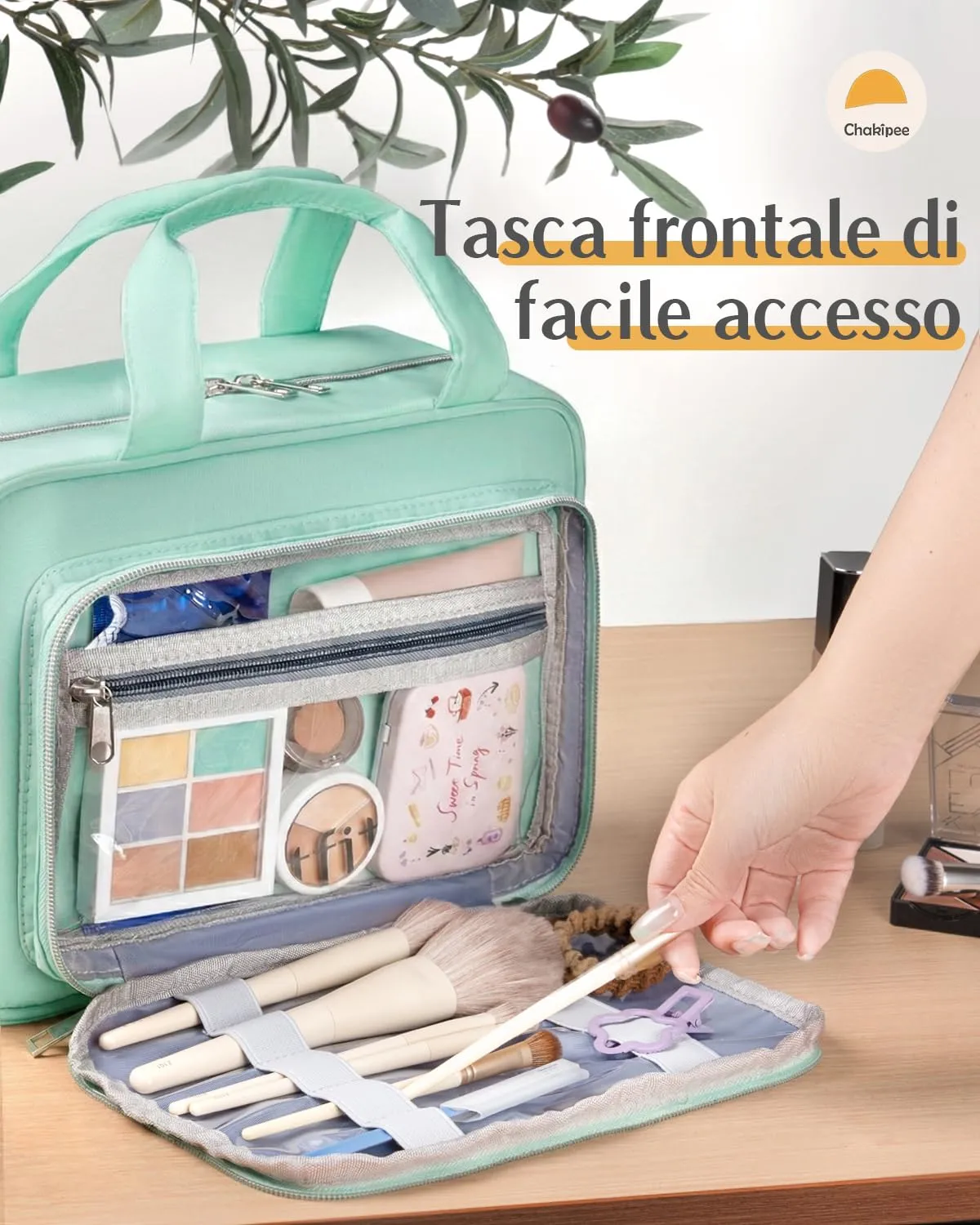 Chakipee Beauty Case da Viaggio da Appendere, Organizer Trucchi Impermeabile con Finestra Trasparente, Verde, Grande - immagine 7