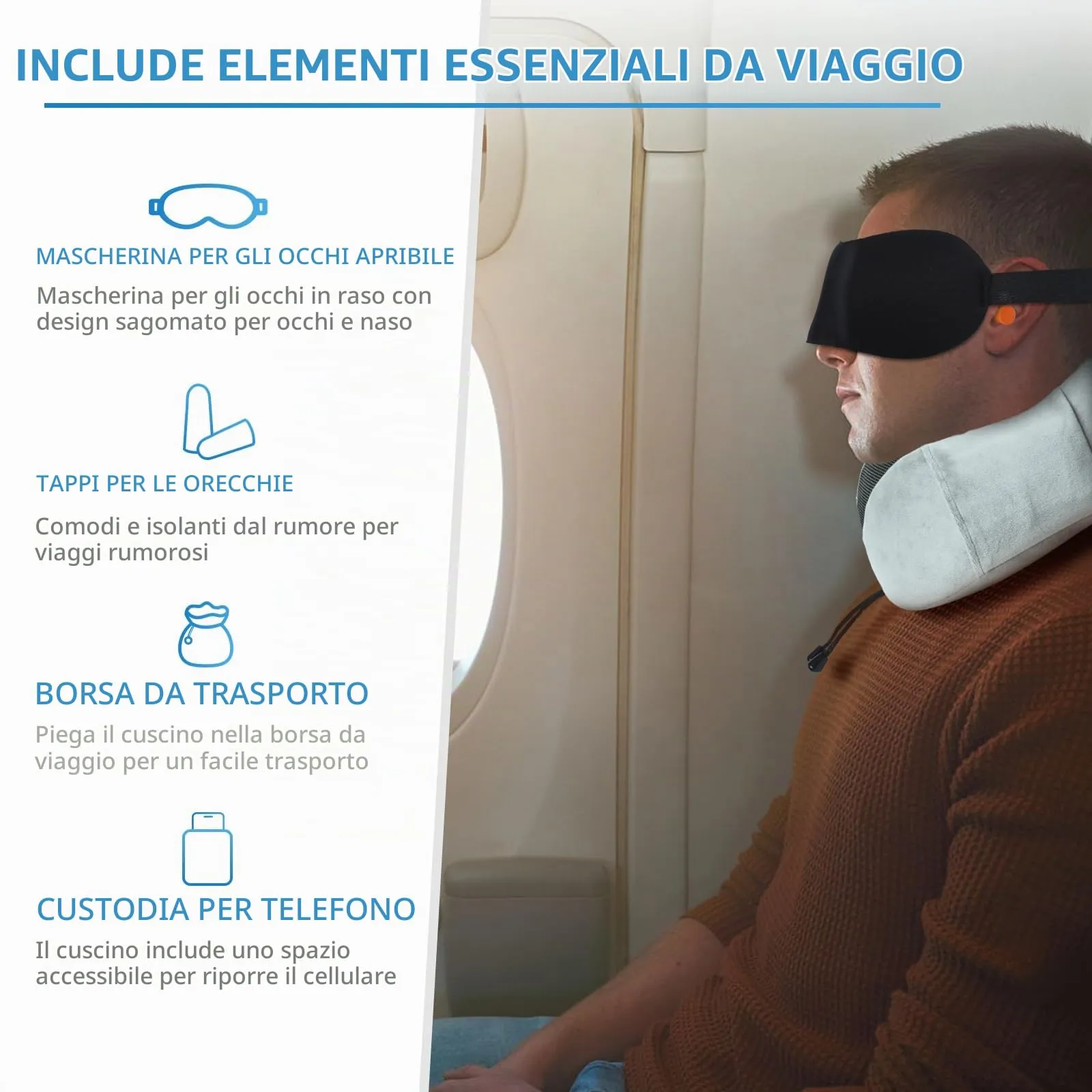 SOMLAW Cuscino da Viaggio per Collo in Memory Foam Regolabile, Set di 2 con Maschera per Dormire, Tappi Auricolari e Borsa per Trasporto - immagine 2