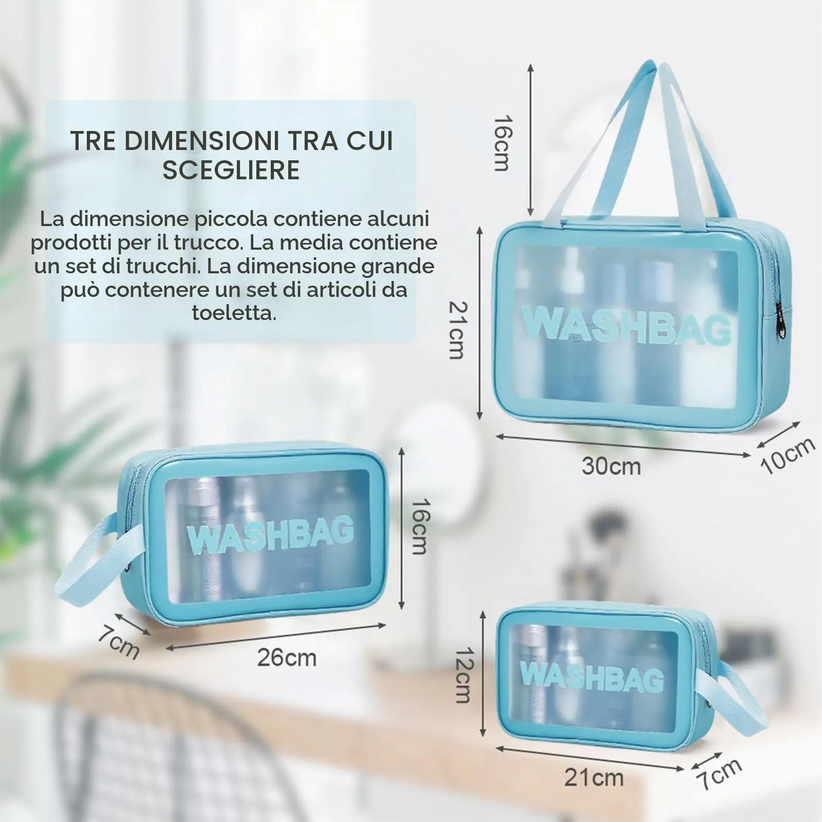 Aucuu Set di 3 Borse da Toilette Trasparenti in PVC e PU, Beauty Case Impermeabili da Viaggio - immagine 3