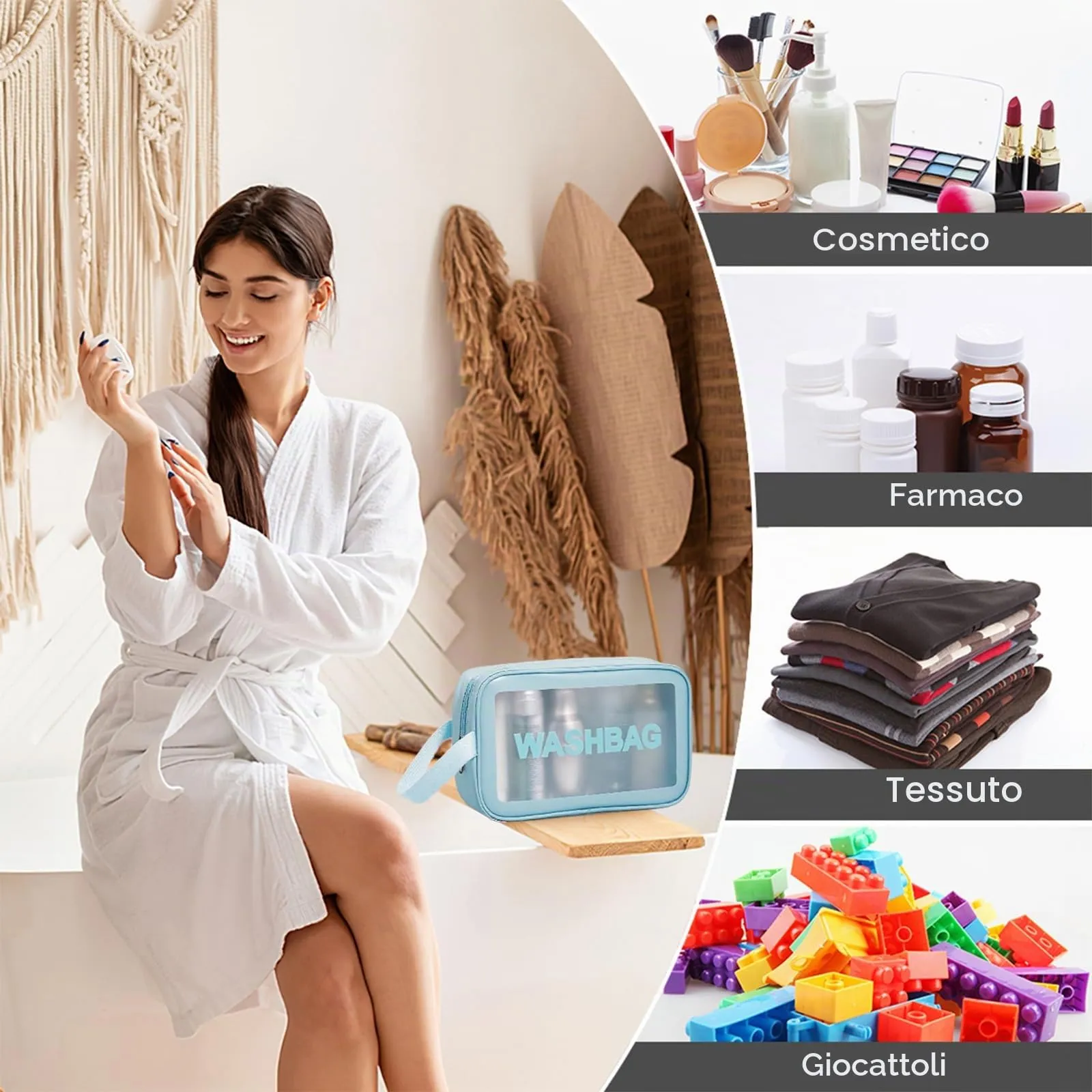 Aucuu Set di 3 Borse da Toilette Trasparenti in PVC e PU, Beauty Case Impermeabili da Viaggio - immagine 5