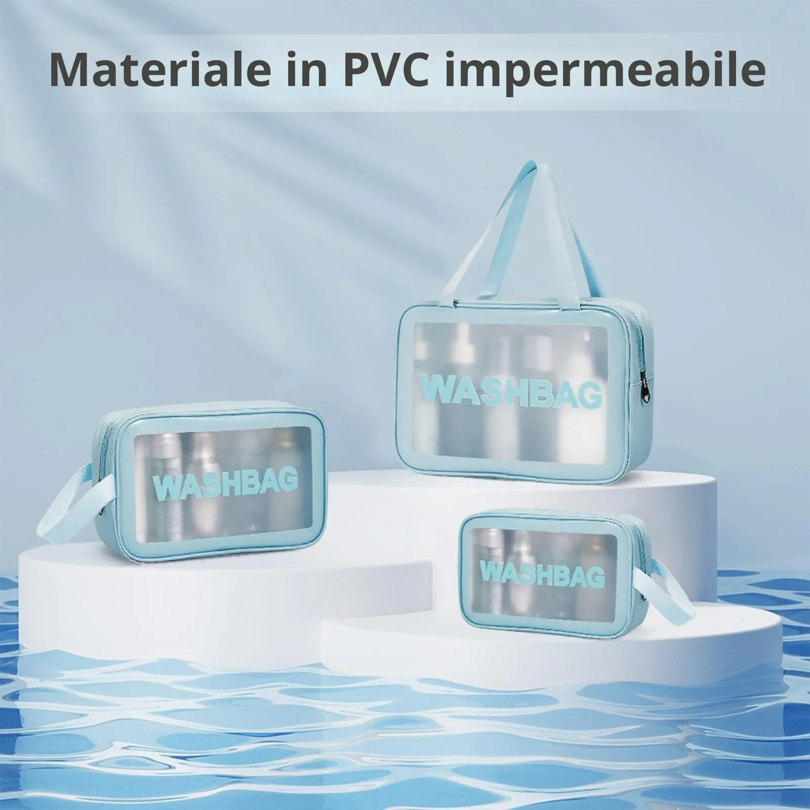 Aucuu Set di 3 Borse da Toilette Trasparenti in PVC e PU, Beauty Case Impermeabili da Viaggio - immagine 6