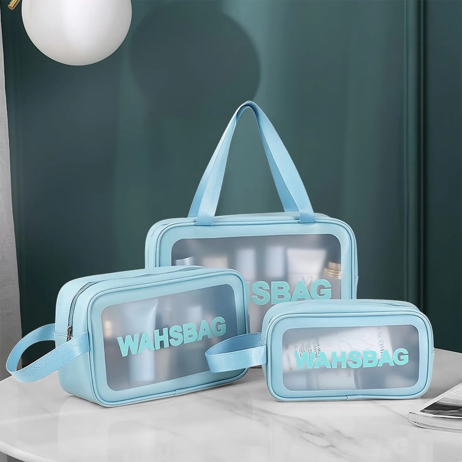 Aucuu Set di 3 Borse da Toilette Trasparenti in PVC e PU, Beauty Case Impermeabili da Viaggio - immagine 7