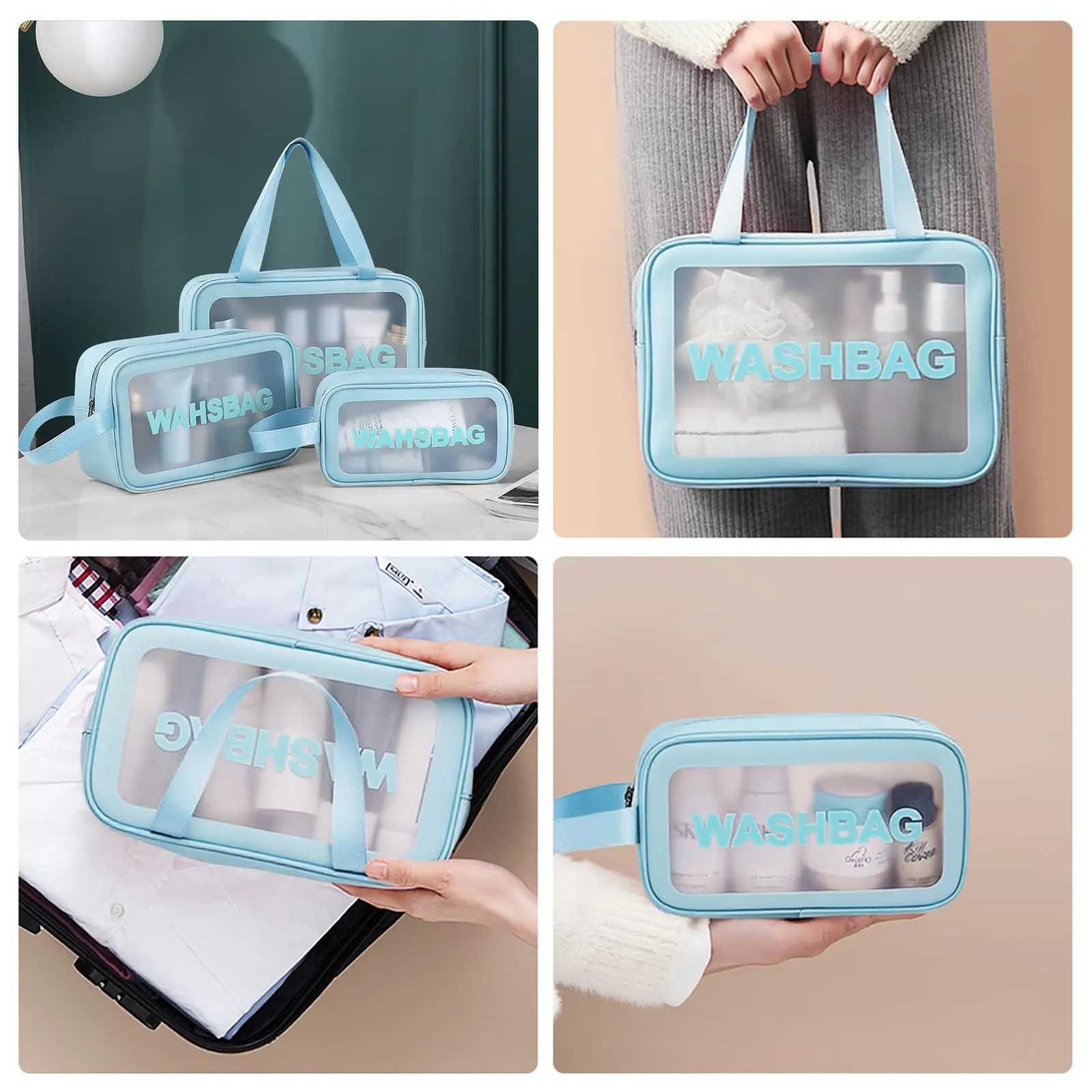 Aucuu Set di 3 Borse da Toilette Trasparenti in PVC e PU, Beauty Case Impermeabili da Viaggio - immagine 8