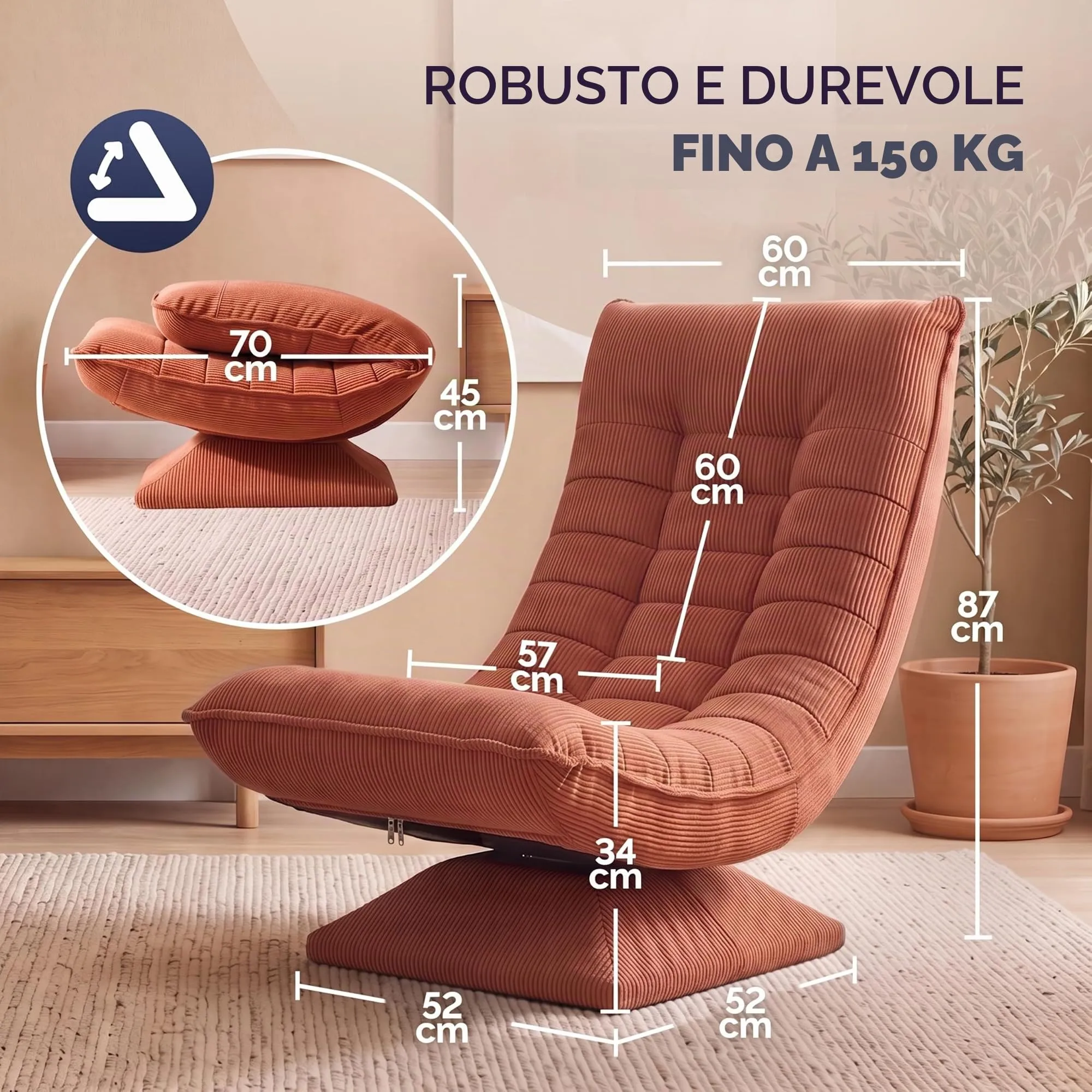 CASARIA Poltrona Relax Aberdeen Girevole a 360° con Schienale Regolabile, Cord Terracotta - immagine 2