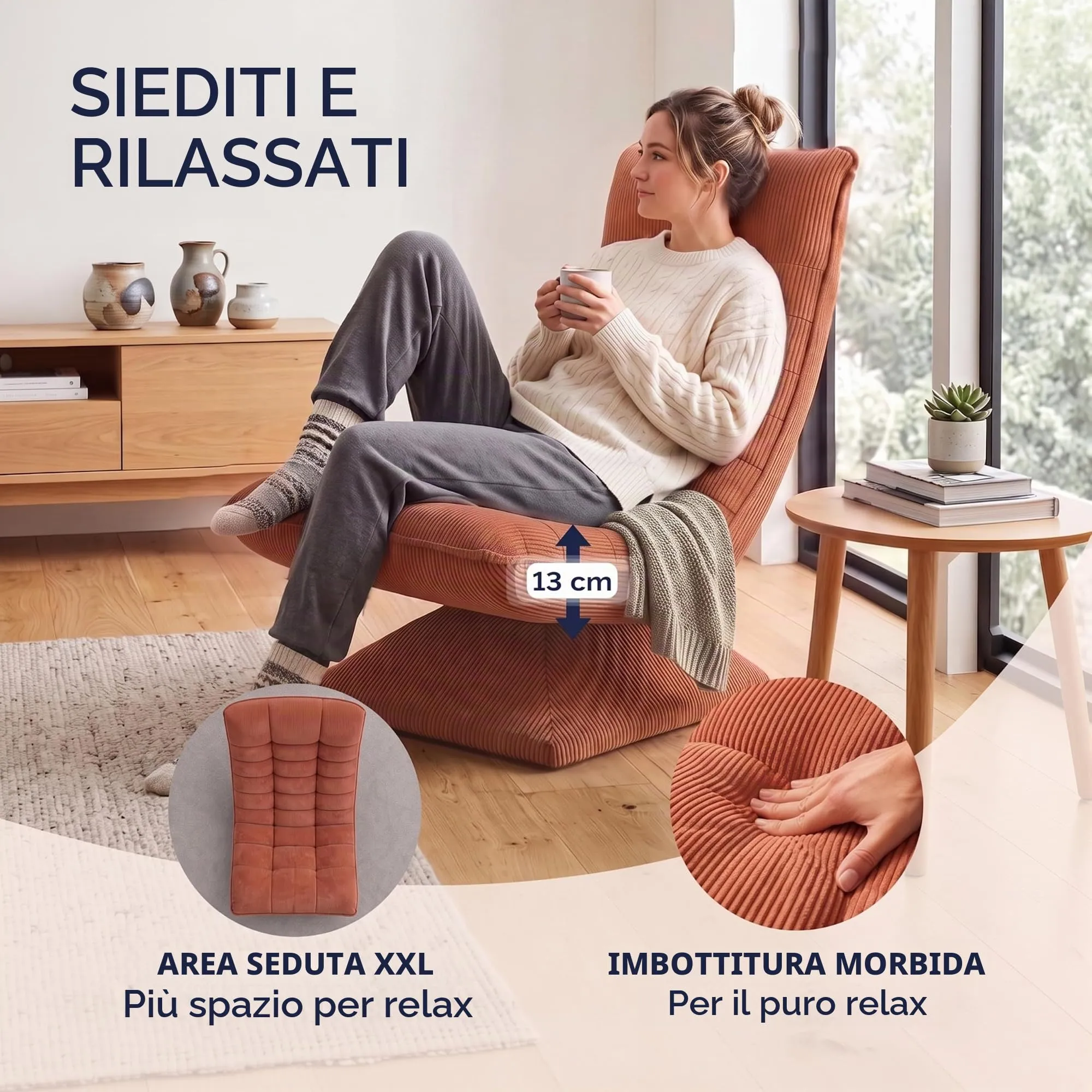 CASARIA Poltrona Relax Aberdeen Girevole a 360° con Schienale Regolabile, Cord Terracotta - immagine 3
