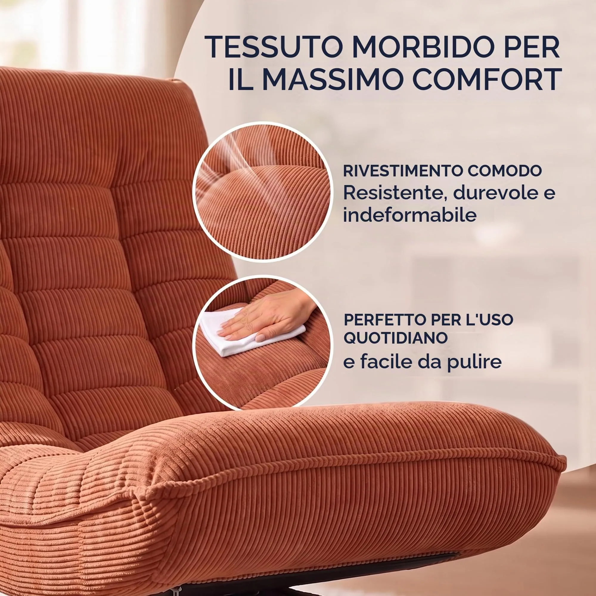 CASARIA Poltrona Relax Aberdeen Girevole a 360° con Schienale Regolabile, Cord Terracotta - immagine 4