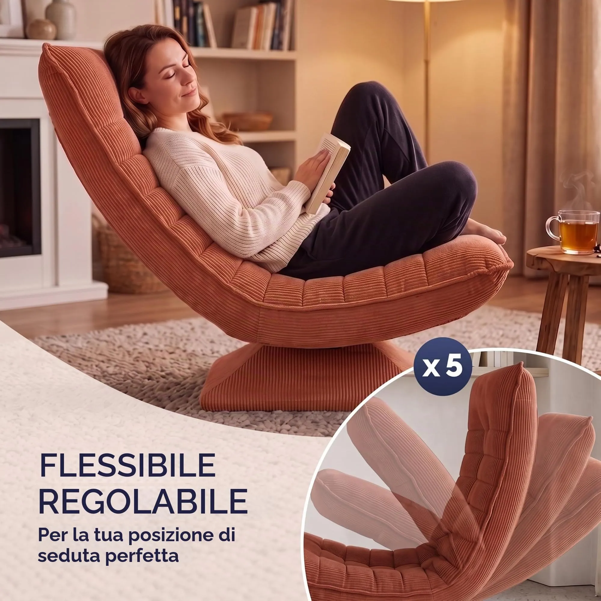 CASARIA Poltrona Relax Aberdeen Girevole a 360° con Schienale Regolabile, Cord Terracotta - immagine 5