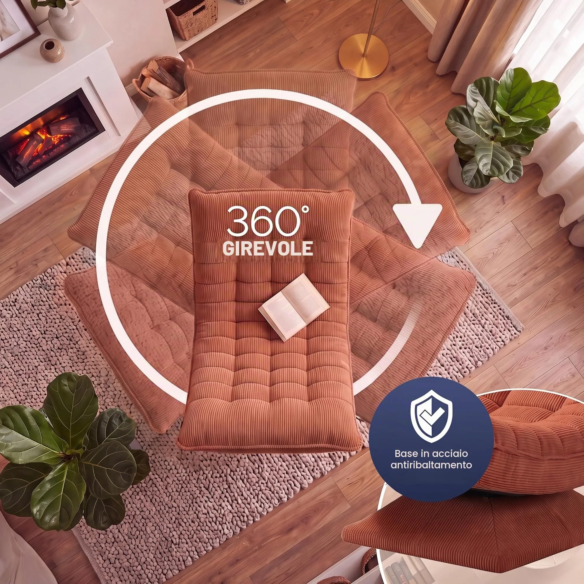 CASARIA Poltrona Relax Aberdeen Girevole a 360° con Schienale Regolabile, Cord Terracotta - immagine 6